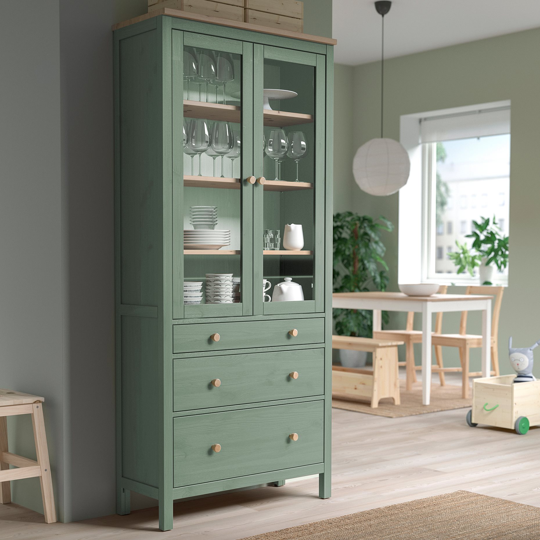 HEMNES, ντουλάπι βιτρίνα και 3 συρτάρια, 90x197 cm, 005.961.61