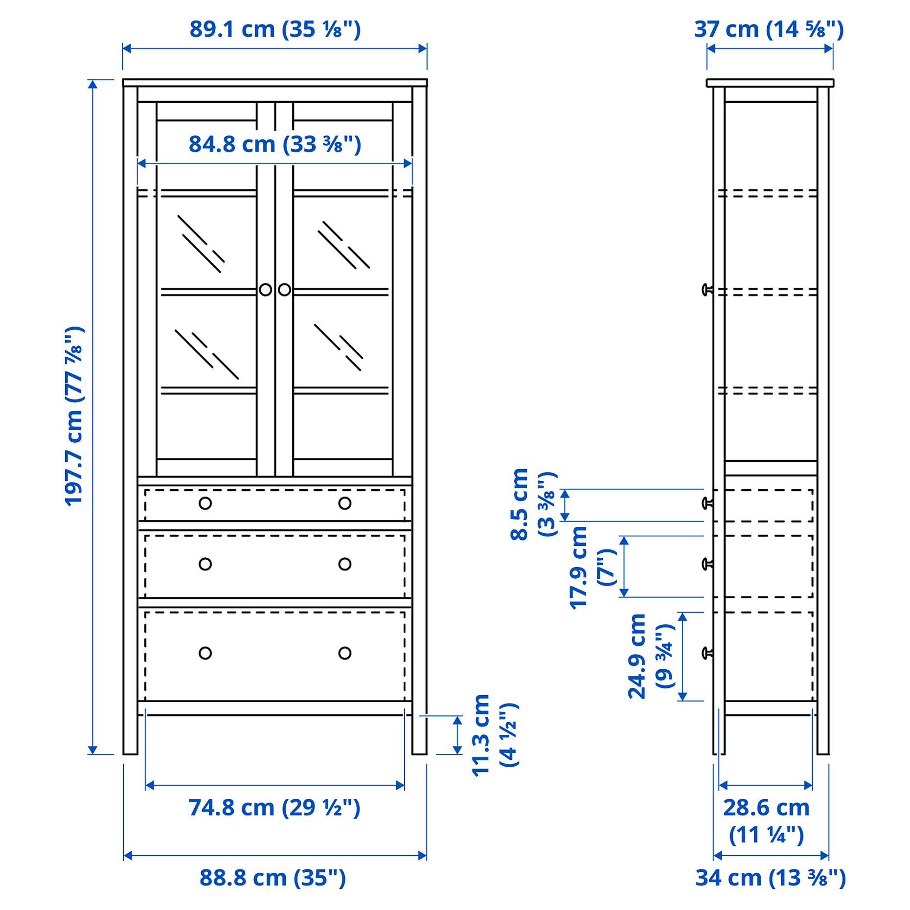 HEMNES, ντουλάπι βιτρίνα και 3 συρτάρια, 90x197 cm, 005.961.61