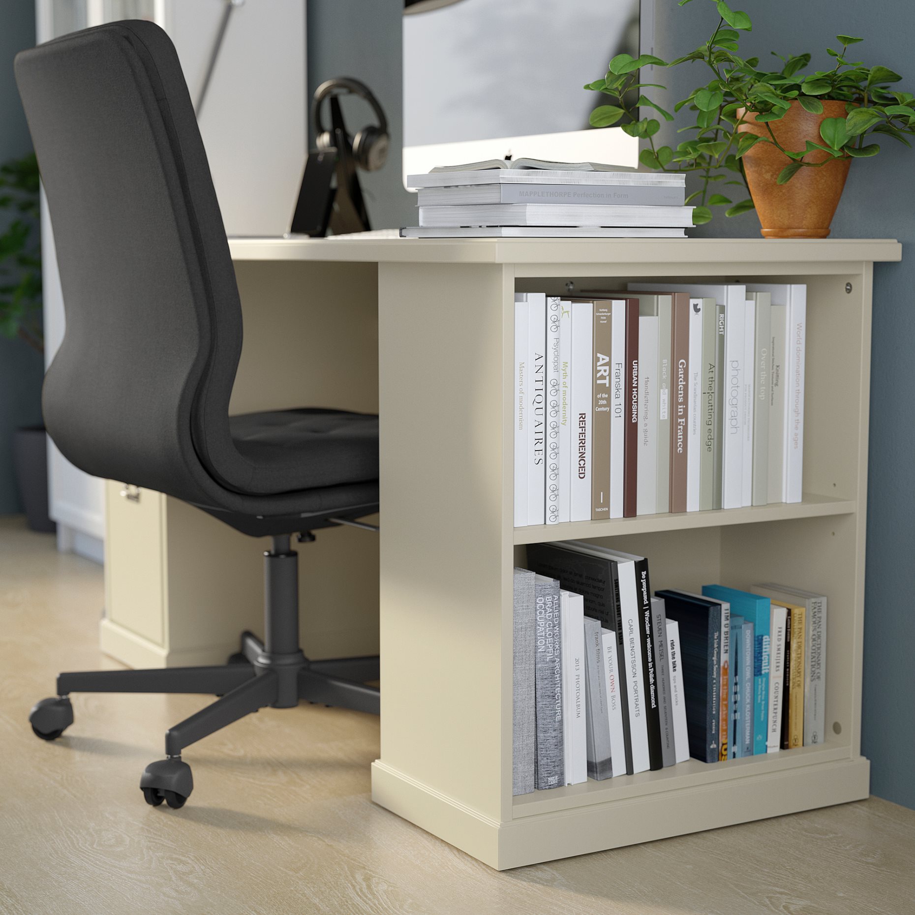 VEBJORN/MULLFJALLET/BILLY/OXBERG, desk and storage combination with swivel chair, 094.363.66