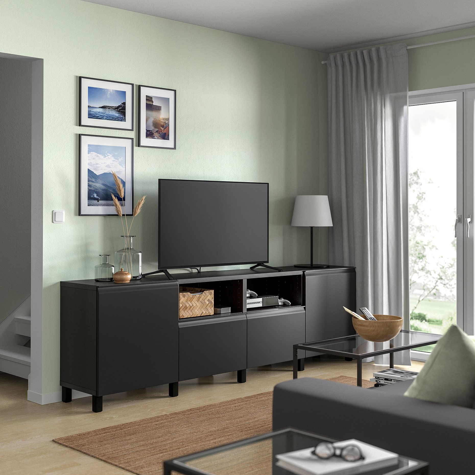 BESTÅ, TV bench with drawers and door, 240x42x74 cm, 095.689.41