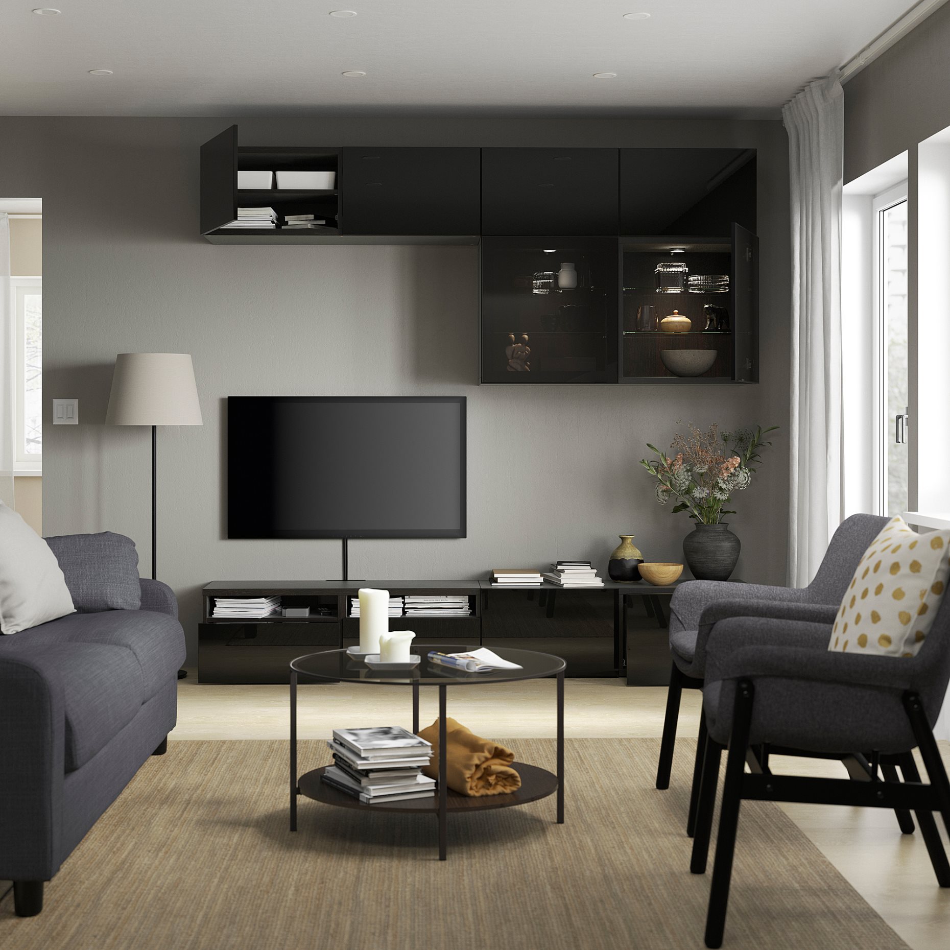 BESTÅ, TV storage combination/glass doors/drawers push open, 240x42x231 cm, 294.122.13