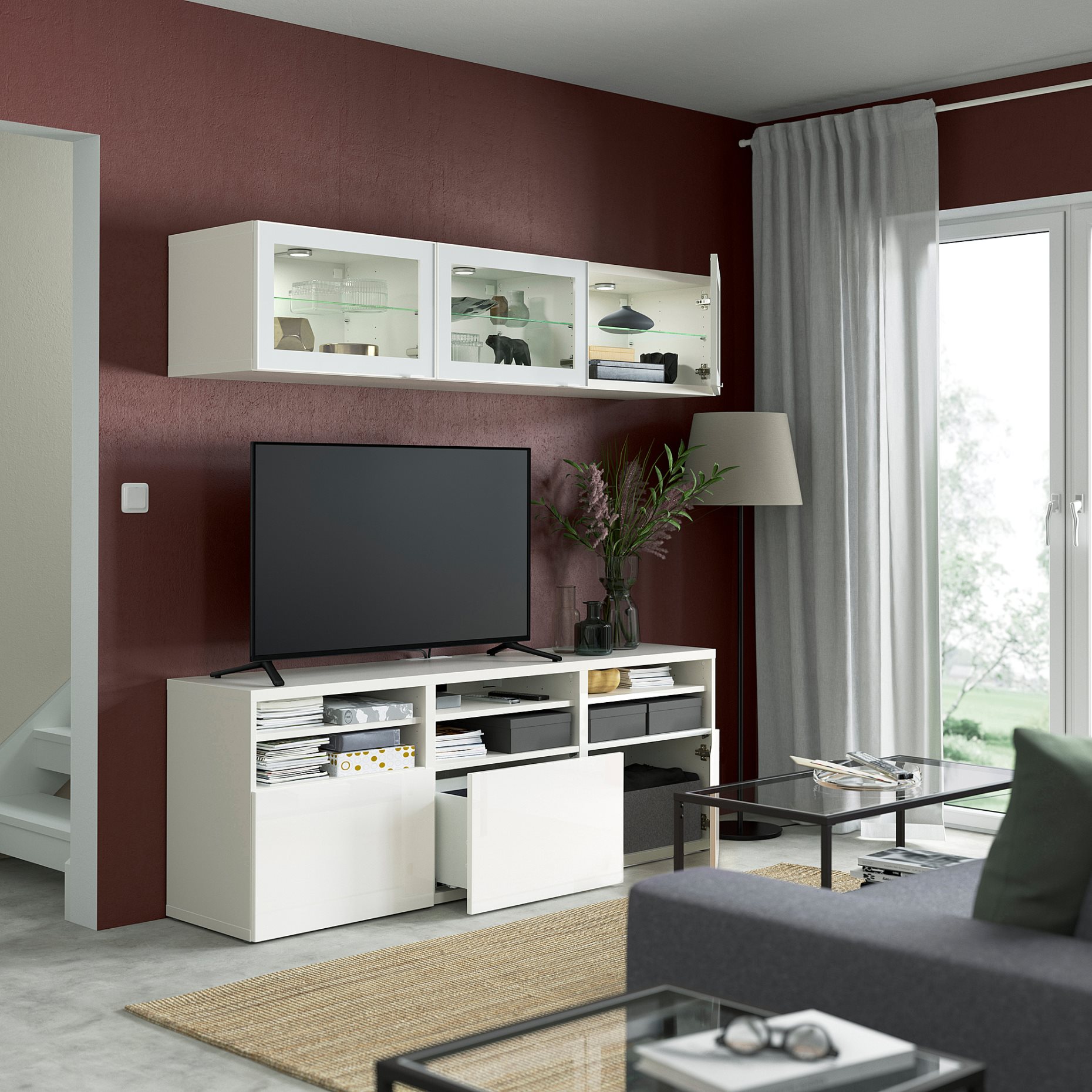 BESTÅ, TV storage combination/glass doors/drawers push open, 180x42x192 cm, 294.887.88