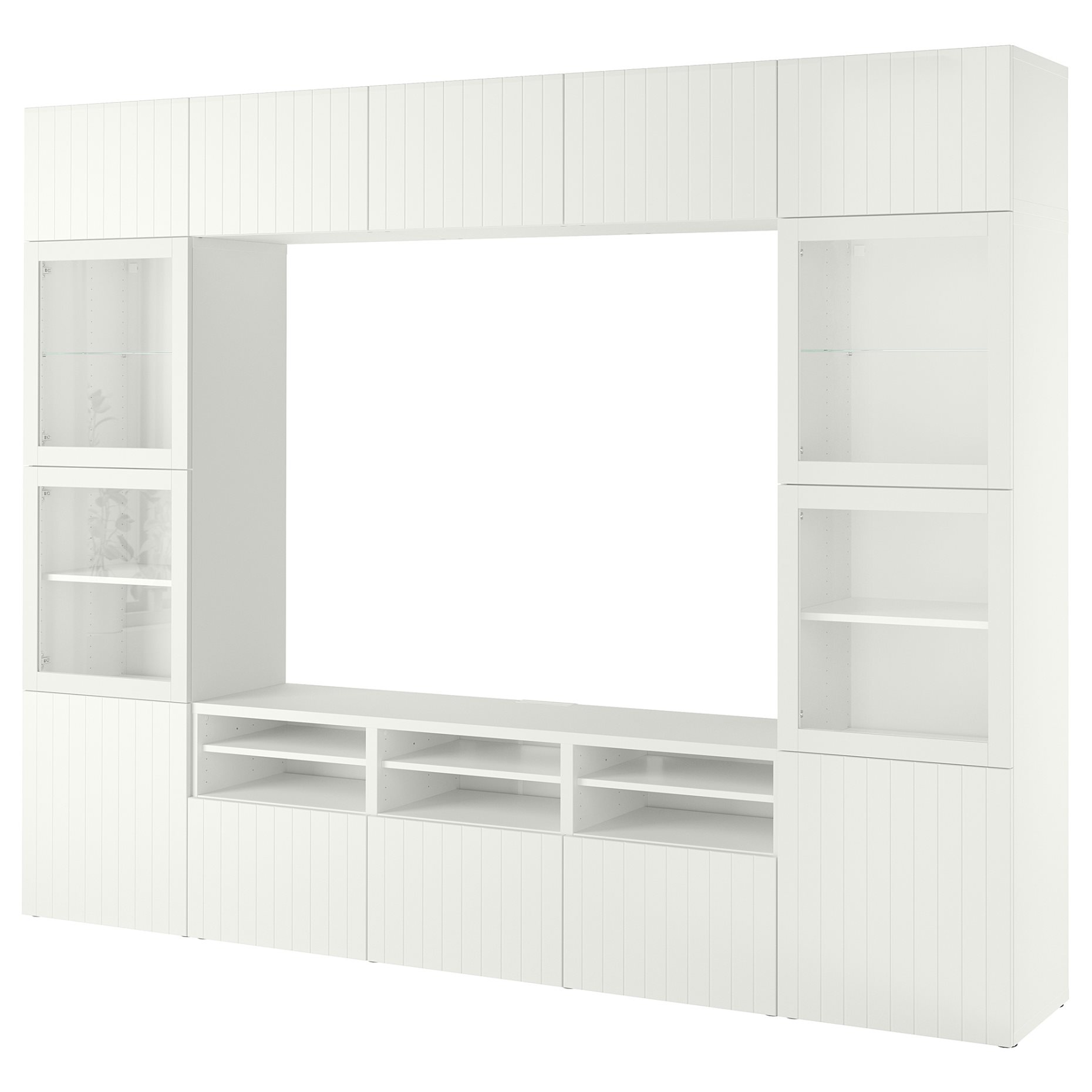 BESTÅ, TV storage combination/glass doors/drawers soft closing, 300x42x231 cm, 394.112.51