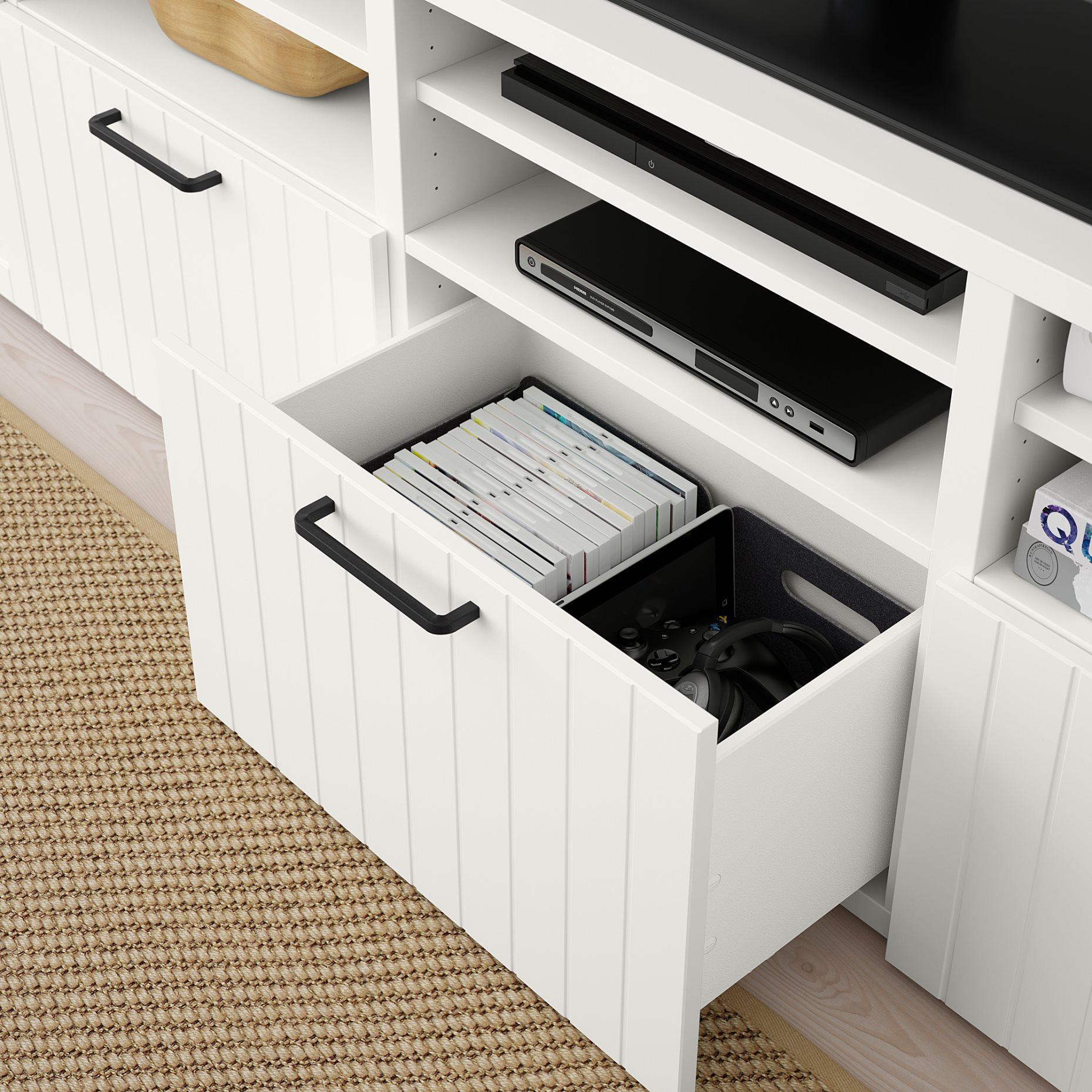 BESTÅ, TV storage combination/glass doors/drawers soft closing, 300x42x231 cm, 394.112.51