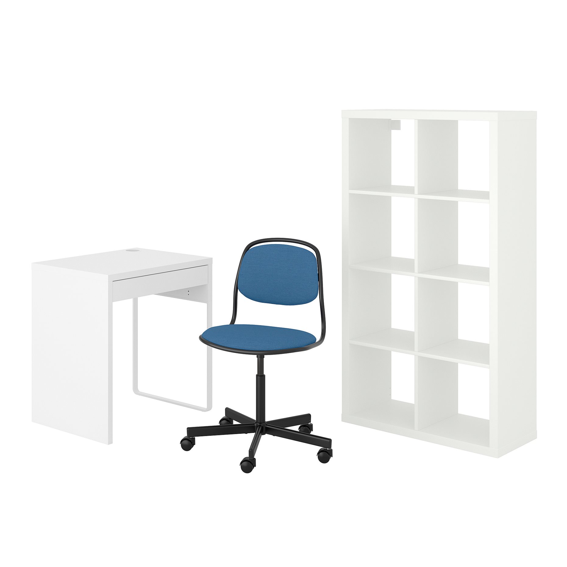 MICKE/ORFJALL/KALLAX, desk and storage combination with swivel chair, 394.367.51