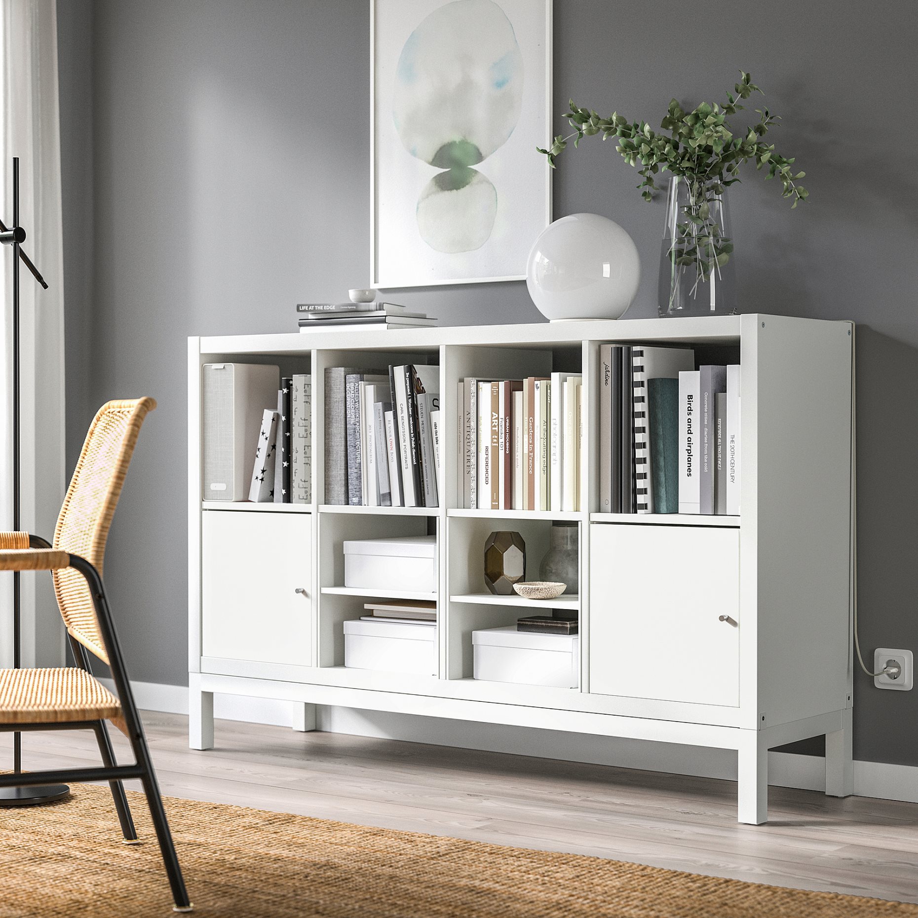 KALLAX, shelving unit with underframe with 2 doors/2 shelf inserts, 147x94 cm, 395.529.10