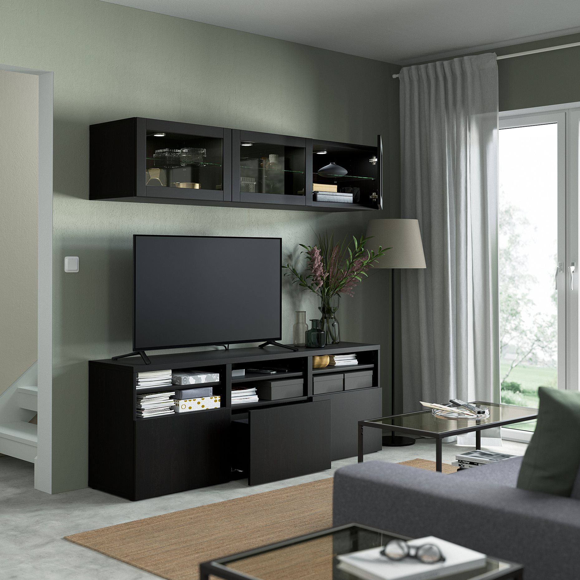 BESTÅ, TV storage combination/glass doors/drawers soft closing, 180x42x192 cm, 494.070.03