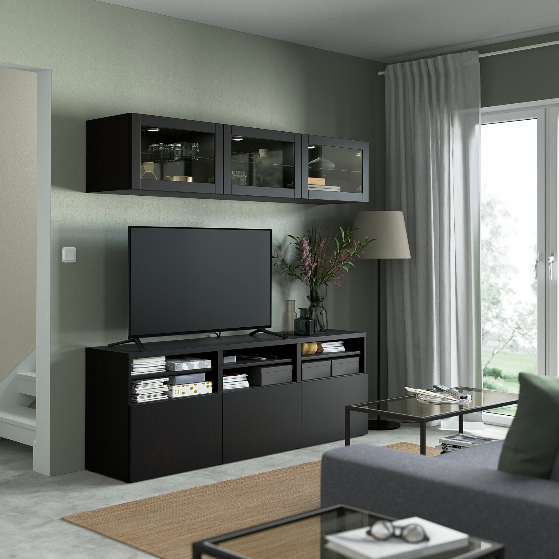 BESTÅ, TV storage combination/glass doors/drawers soft closing, 180x42x192 cm, 494.070.03