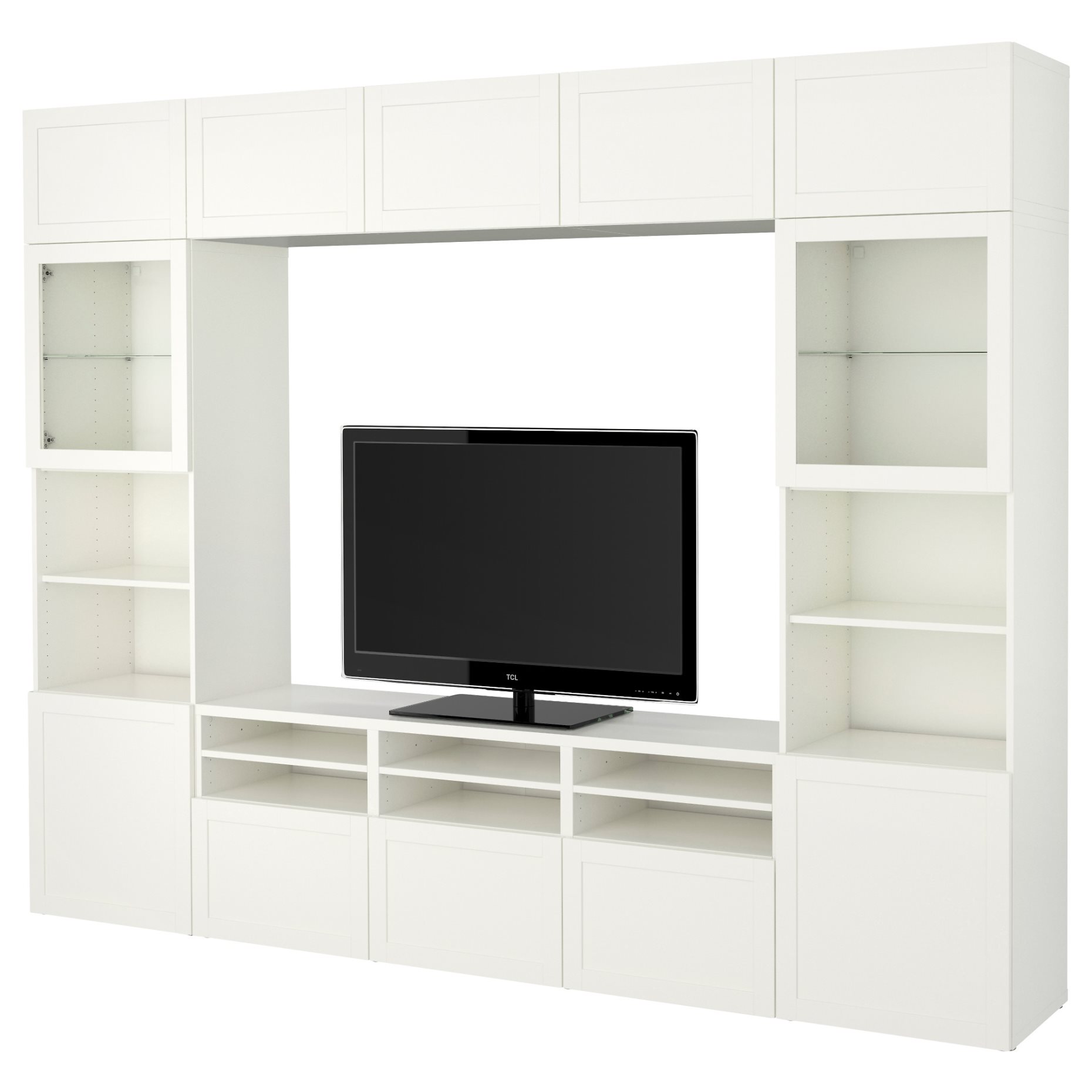 BESTÅ, TV storage combination/glass doors/drawers soft closing, 300x42x231 cm, 494.112.41