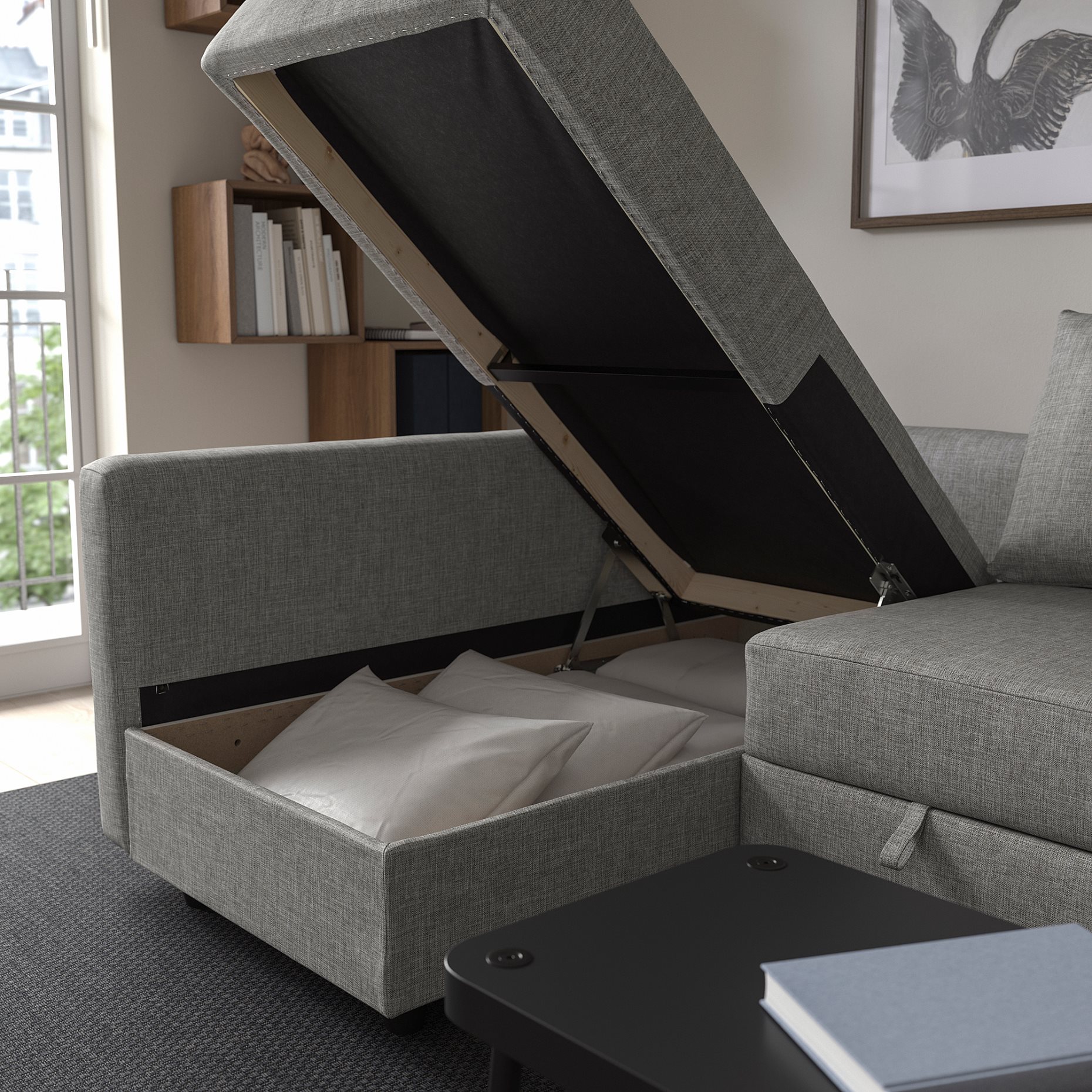 FRIHETEN/KLAGSHAMN, corner sofa-bed with storage, 495.202.35