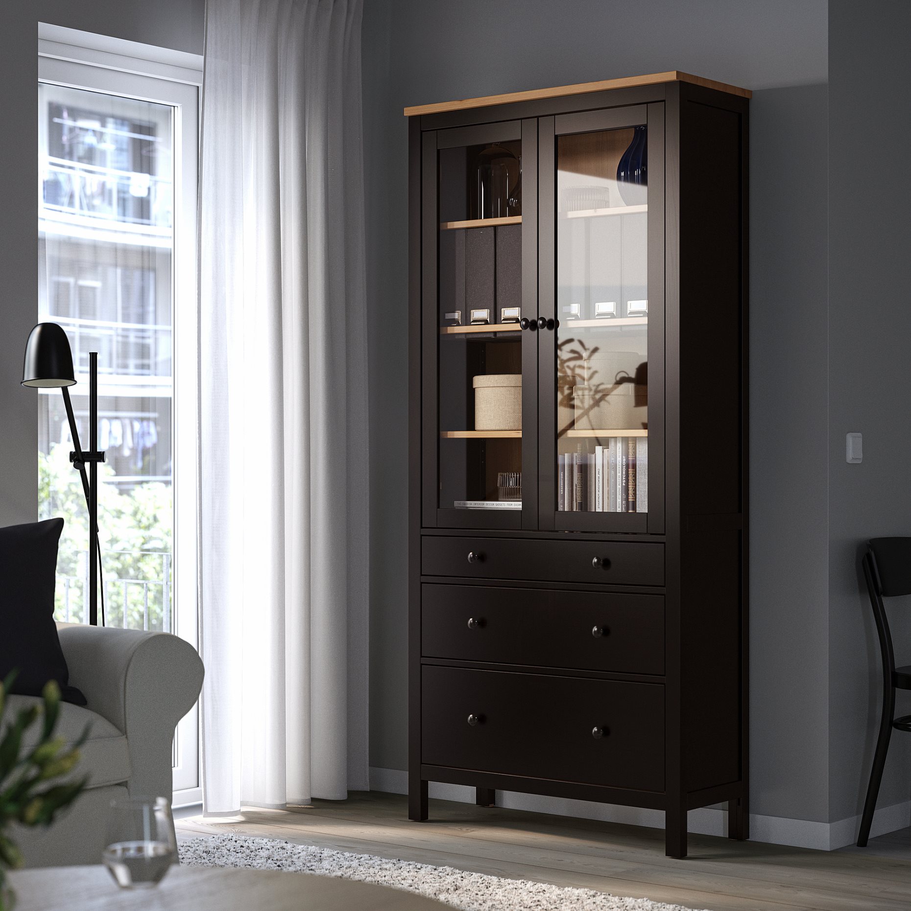 HEMNES, glass-door cabinet with 3 drawers, 504.522.97