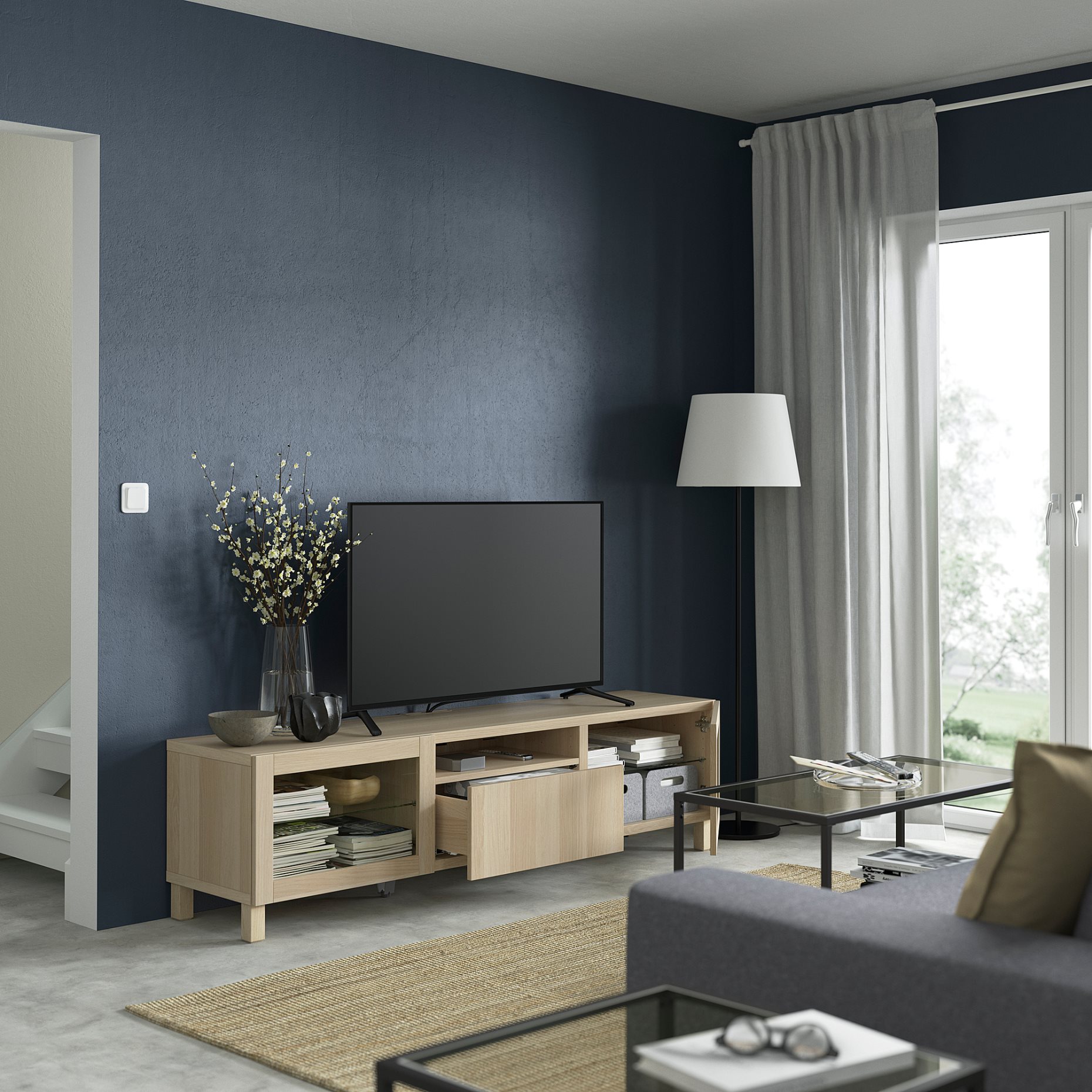 BESTÅ, TV bench with doors/drawer soft closing, 180x42x48 cm, 593.291.99