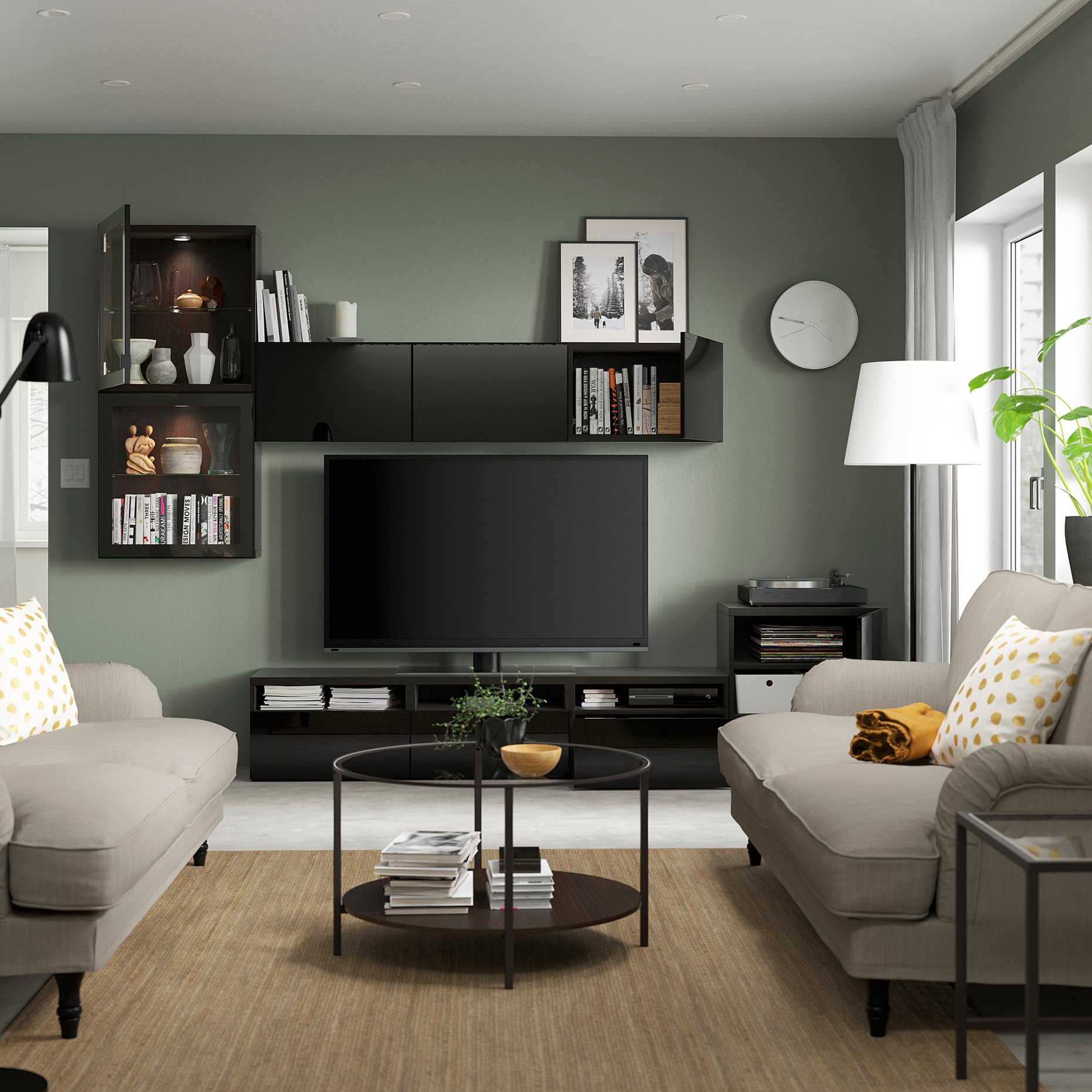 BESTÅ, TV storage combination/glass doors/drawers soft closing, 300x42x211 cm, 594.068.52