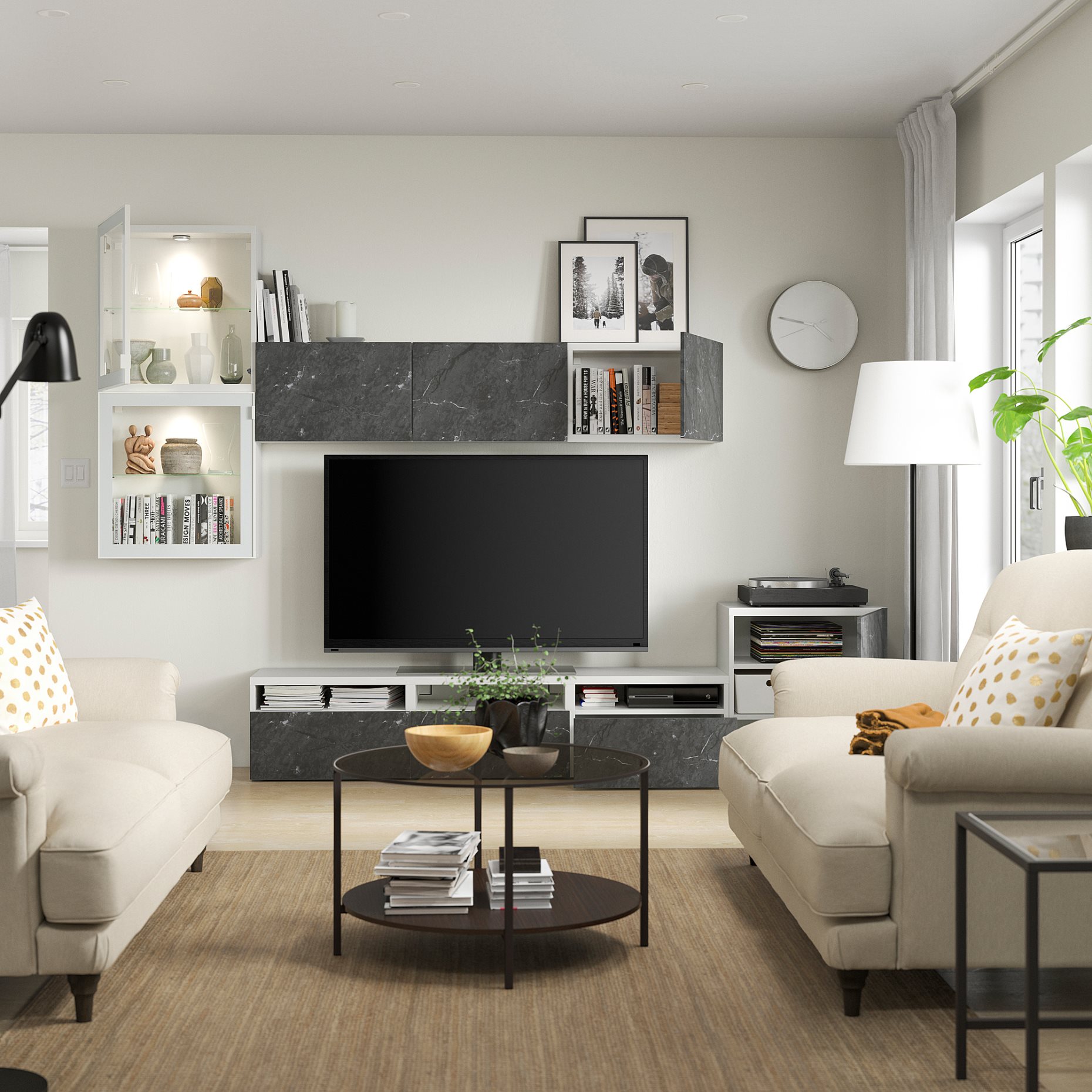 BESTÅ, σύνθεση αποθήκευσης TV/γυάλινες πόρτες/συρτάρια ανοίγματος με πίεση, 300x42x211 cm, 594.887.77