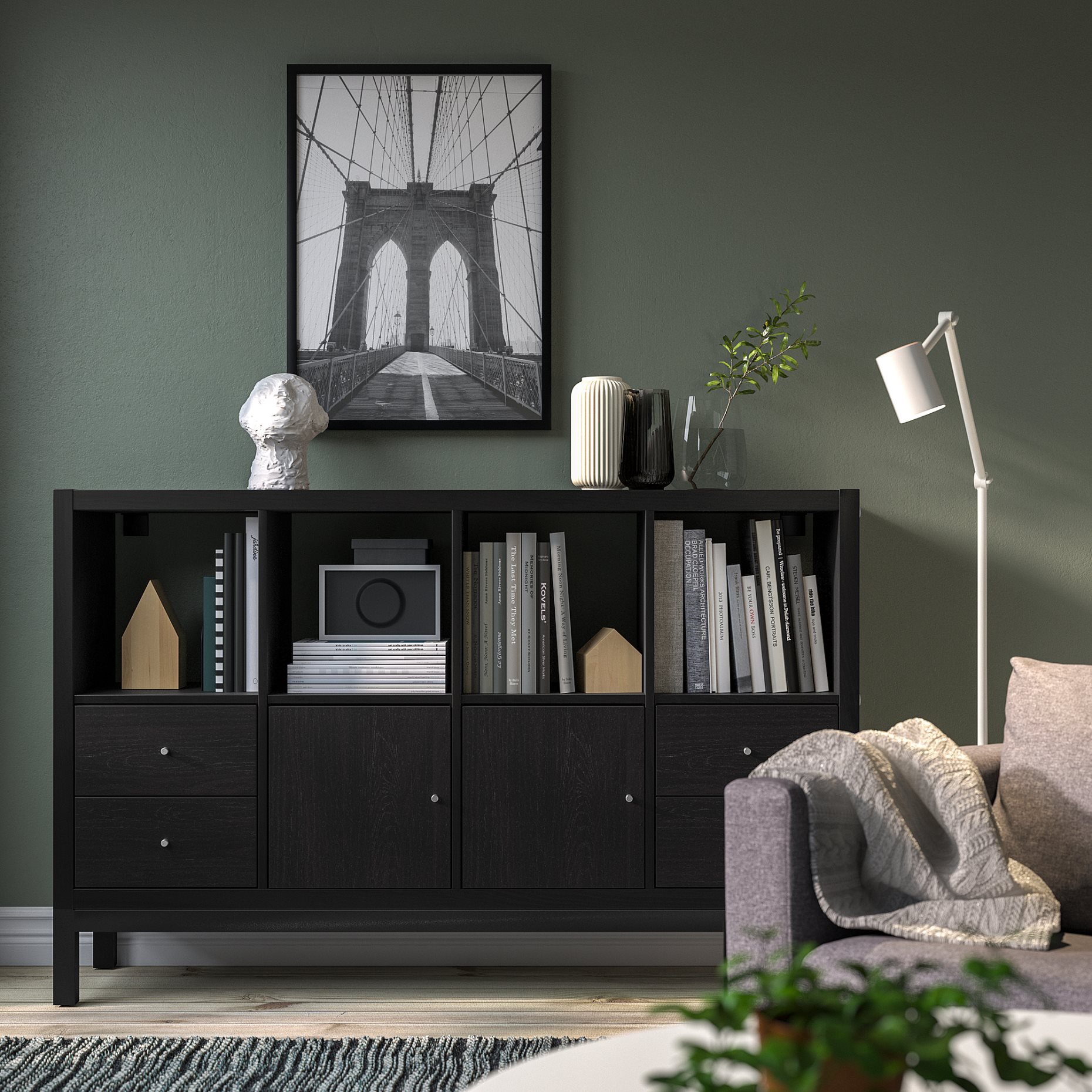 KALLAX, shelving unit with underframe with 2 doors/4 drawers, 147x94 cm, 595.529.14