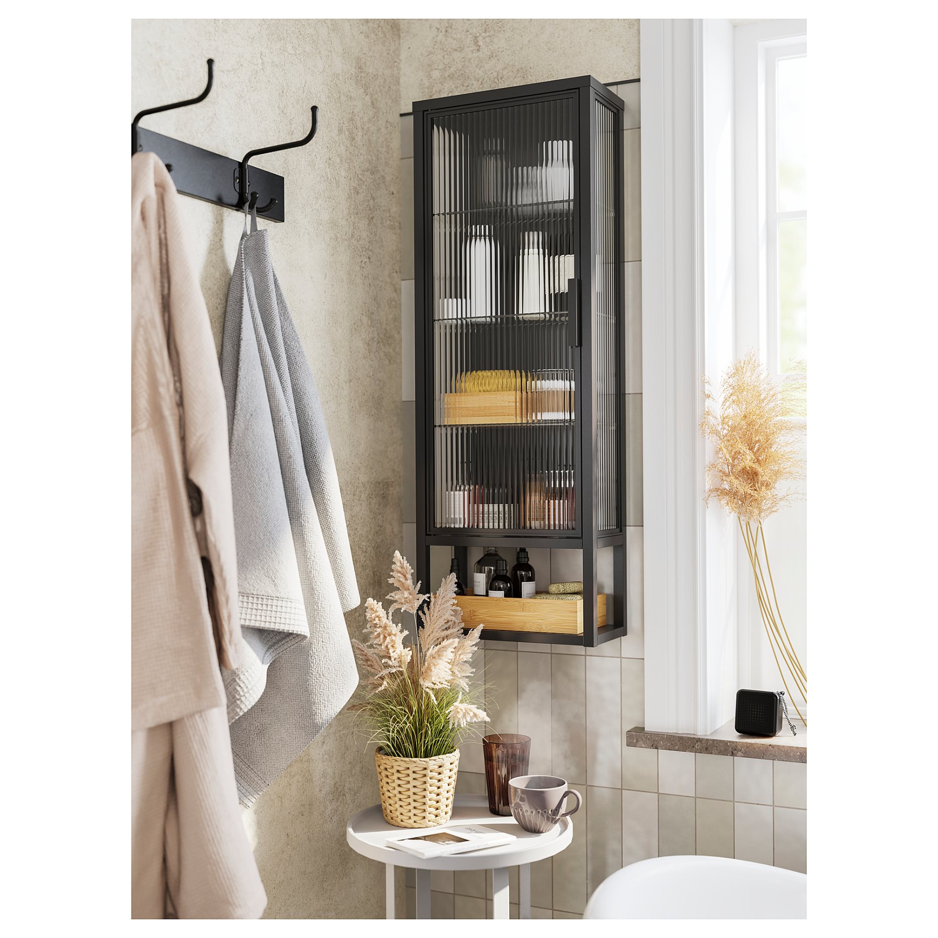 MOSSJÖN, wall cabinet with shelves/glass door, 36x18x102 cm, 605.677.78