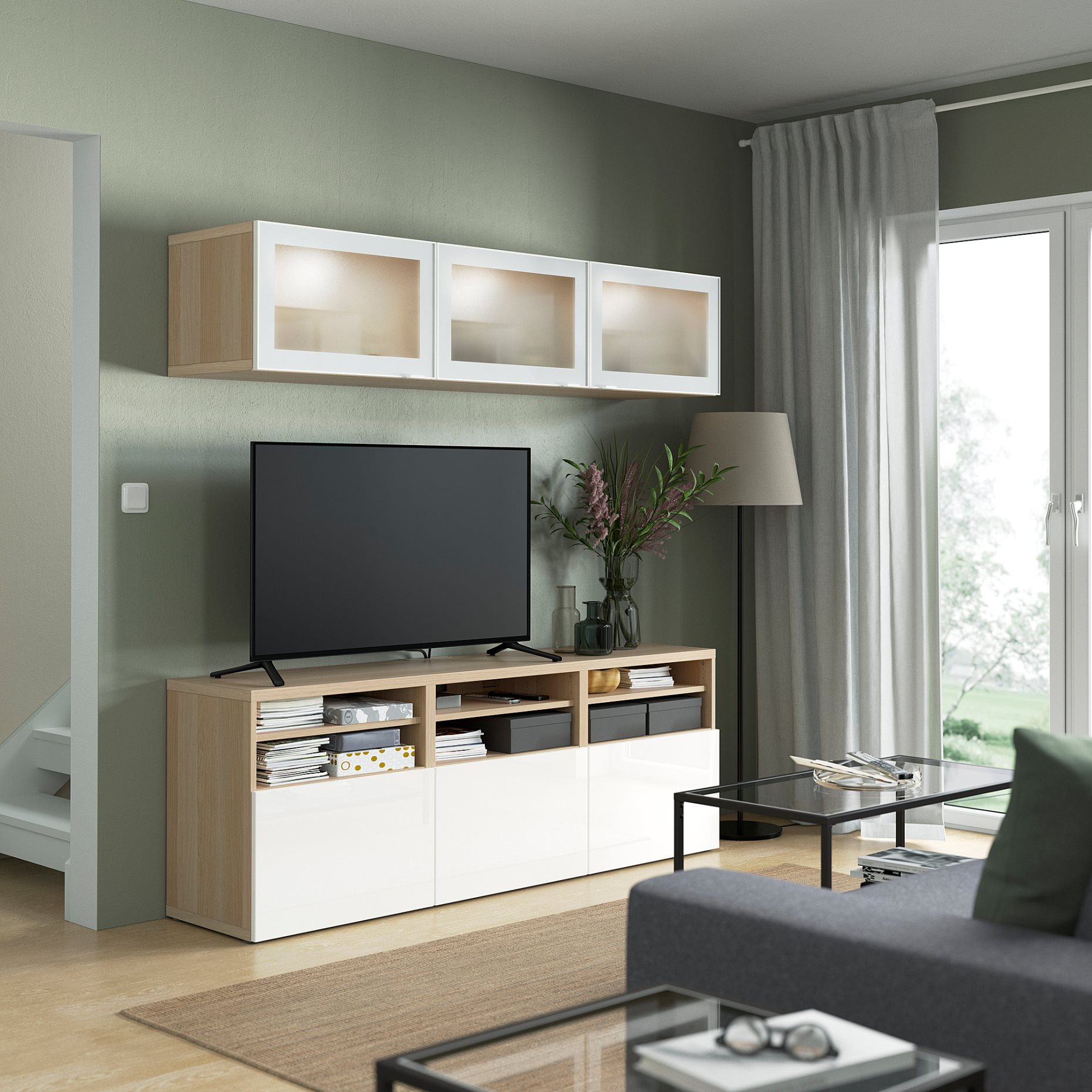 BESTÅ, TV storage combination/glass doors/drawers push open, 180x42x192 cm, 694.887.91