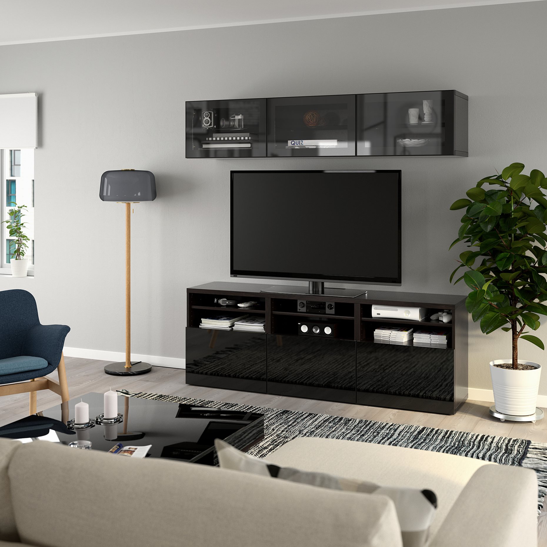 BESTÅ, σύνθεση αποθήκευσης TV/γυάλινες πόρτες/συρτάρια με μαλακό κλείσιμο, 180x42x192 cm, 794.072.14