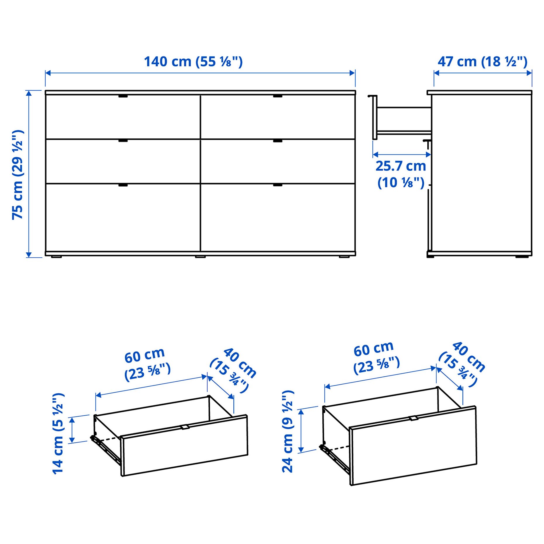 VIHALS, chest of 6 drawers, 140x47x70 cm, 804.901.13
