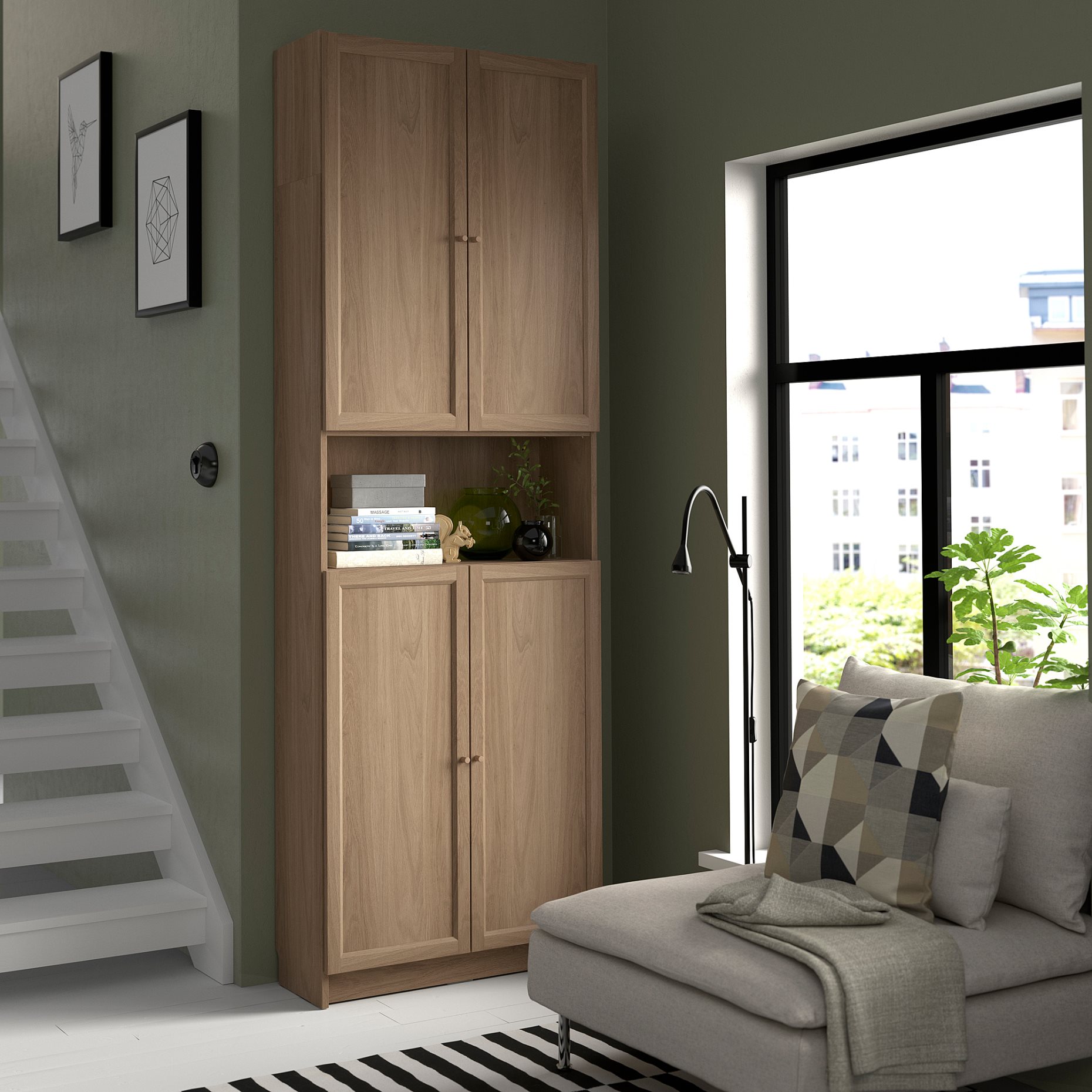 BILLY/OXBERG, bookcase with doors/height extension unit, 80x30x237 cm, 894.833.73