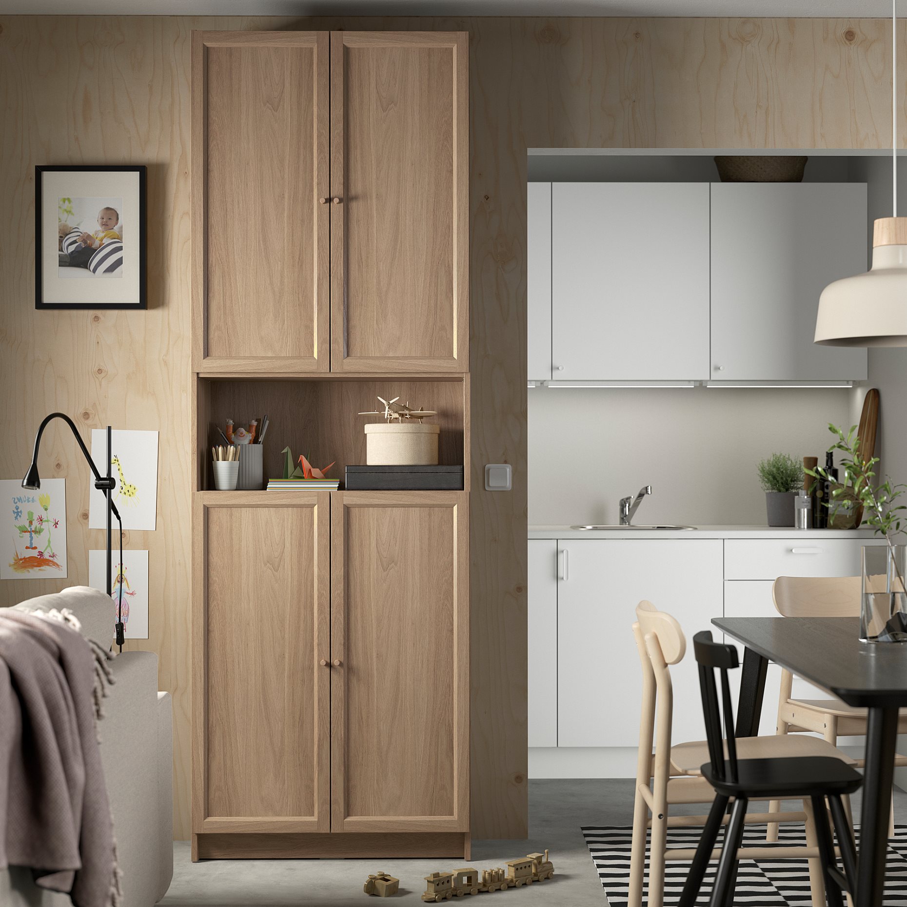 BILLY/OXBERG, bookcase with doors/height extension unit, 80x30x237 cm, 894.833.73