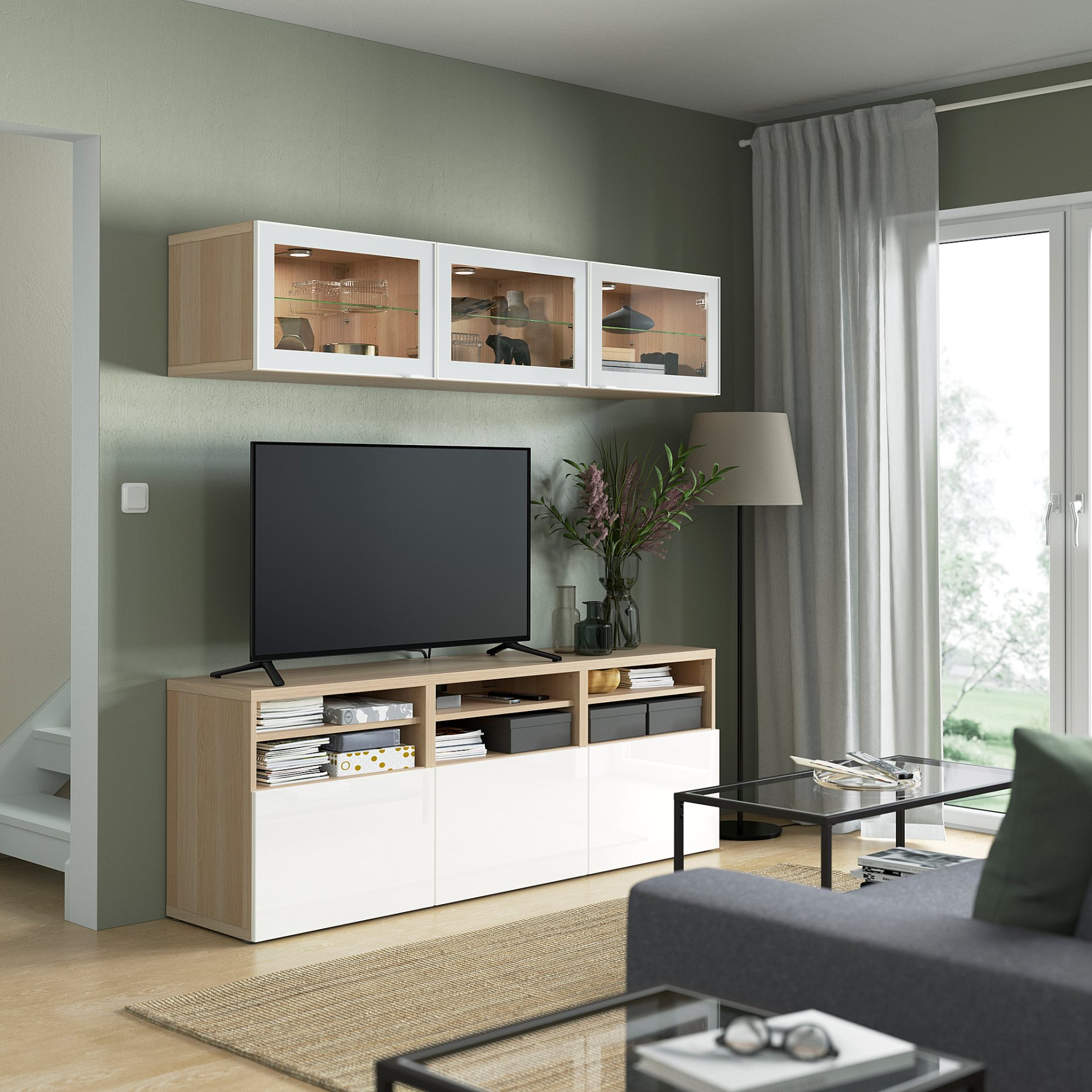 BESTÅ, TV storage combination/glass doors/drawers push open, 180x42x192 cm, 894.887.90
