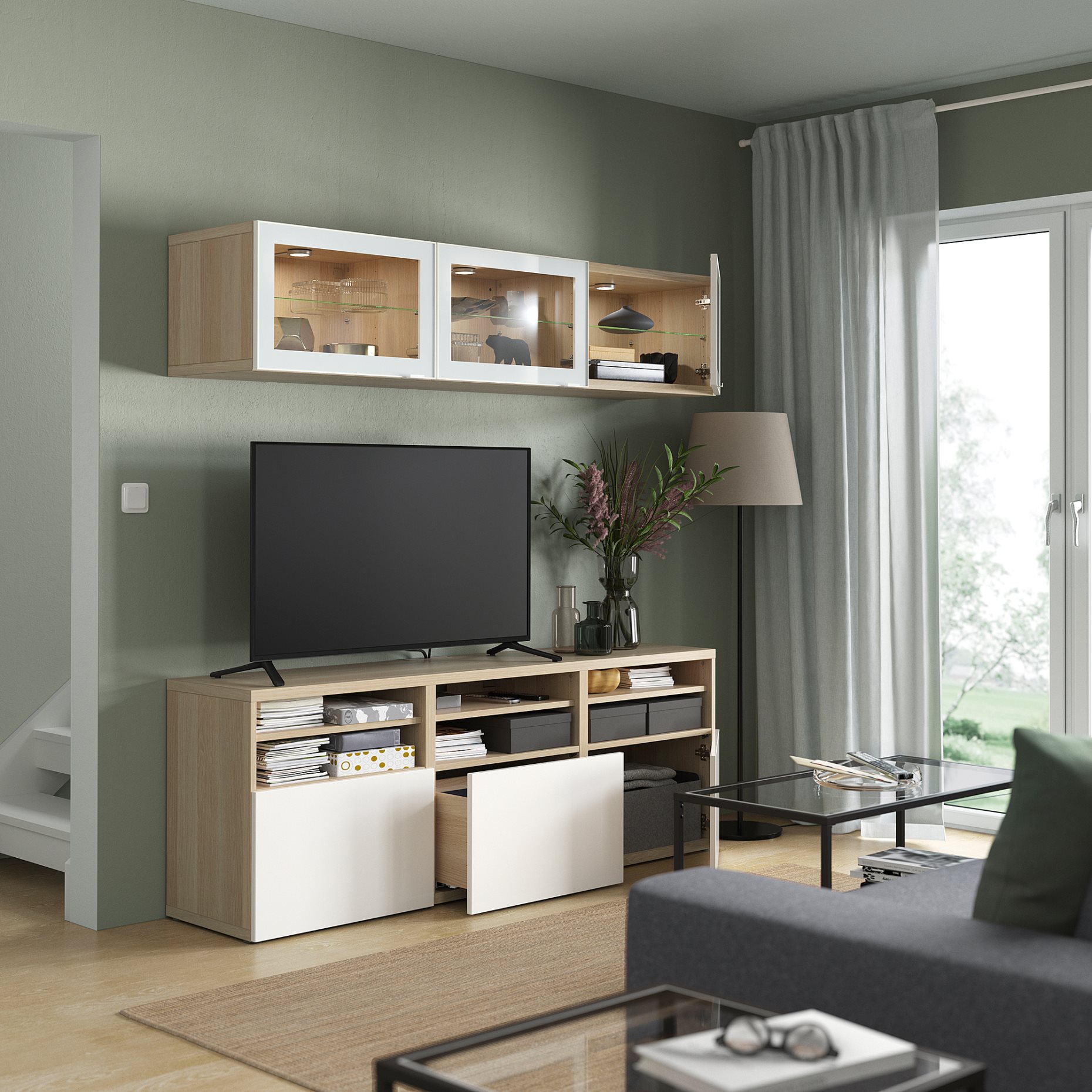 BESTÅ, TV storage combination/glass doors/drawers push open, 180x42x192 cm, 894.887.90
