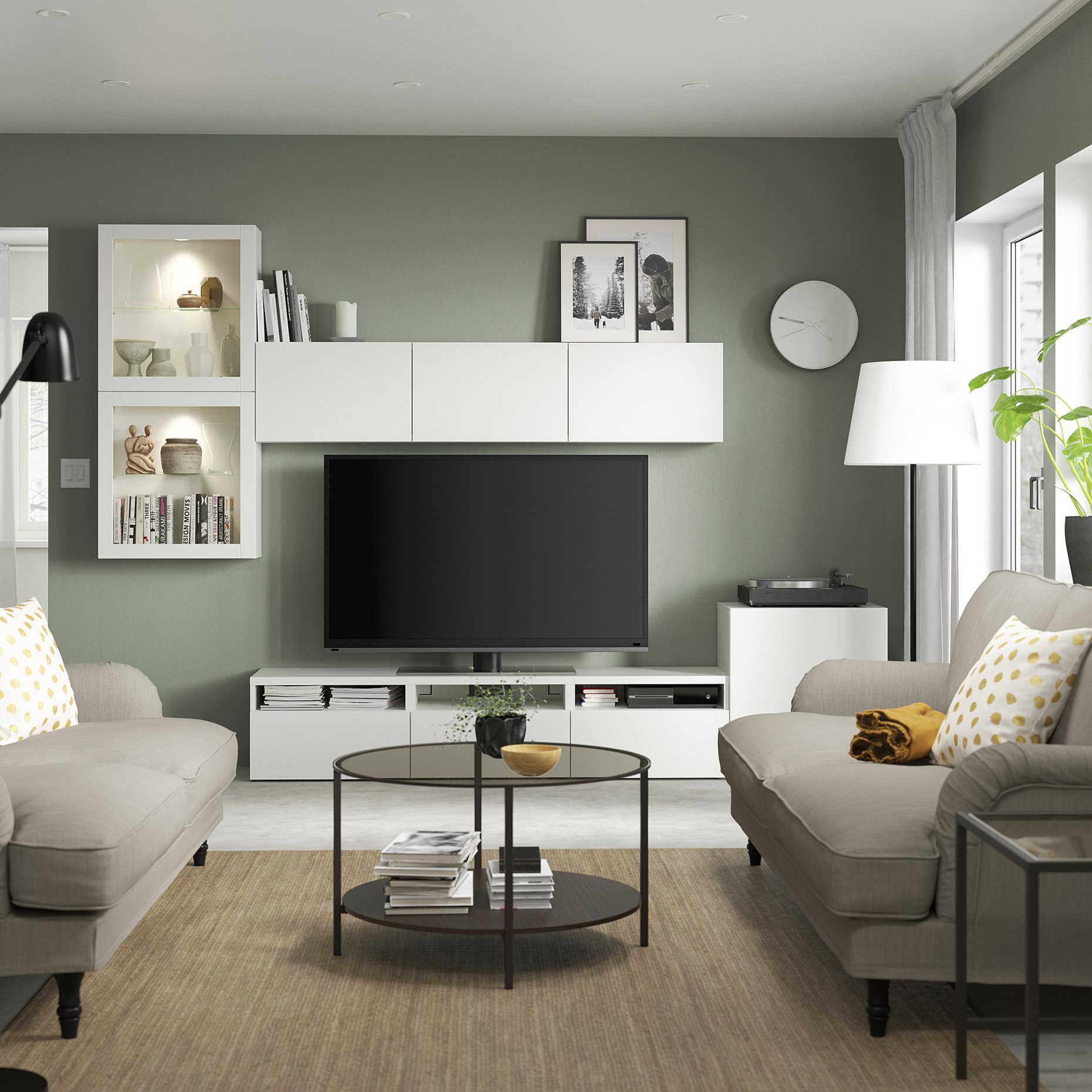 BESTÅ, TV storage combination/glass doors/drawers soft closing, 300x42x211 cm, 994.068.31