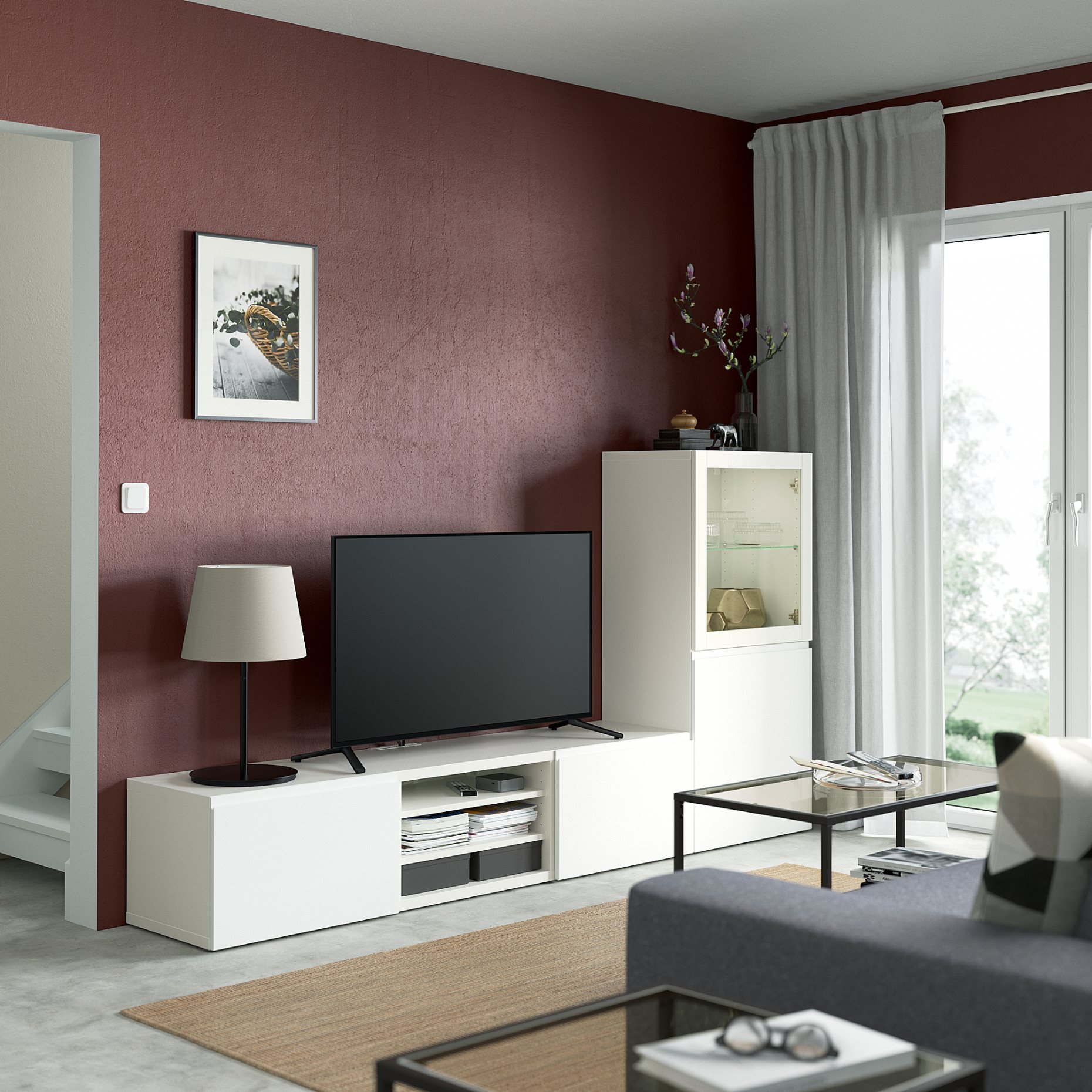 BESTÅ, σύνθεση αποθήκευσης TV/γυάλινες πόρτες, 240x42x129 cm, 994.217.23