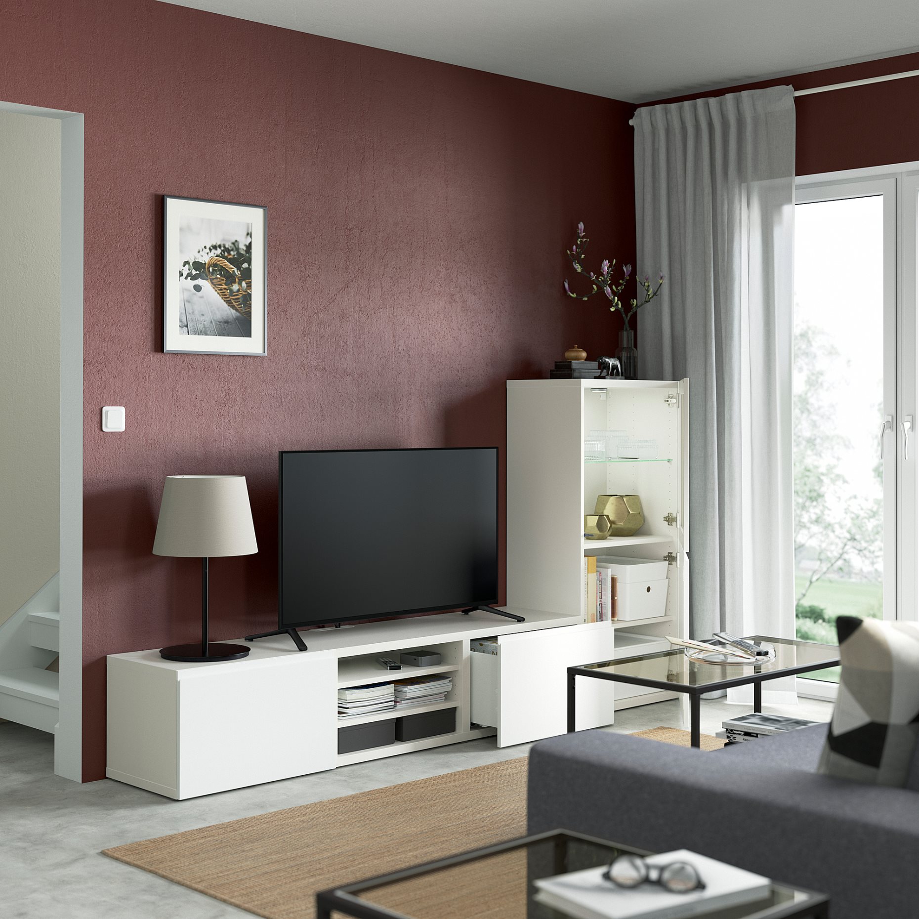 BESTÅ, σύνθεση αποθήκευσης TV/γυάλινες πόρτες, 240x42x129 cm, 994.217.23