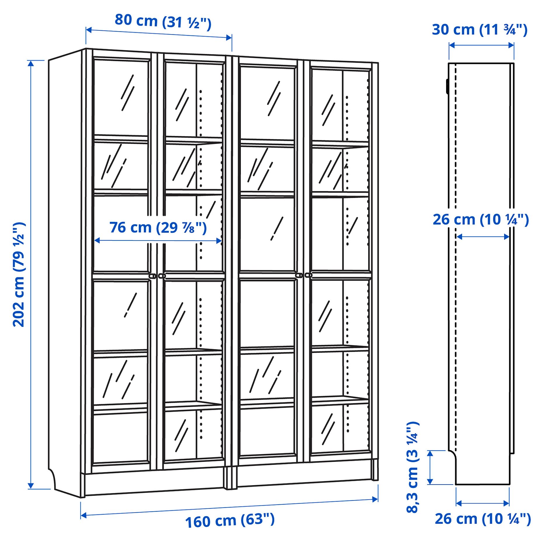 BILLY/OXBERG, bookcase combination with glass doors, 160x202 cm, 994.835.32