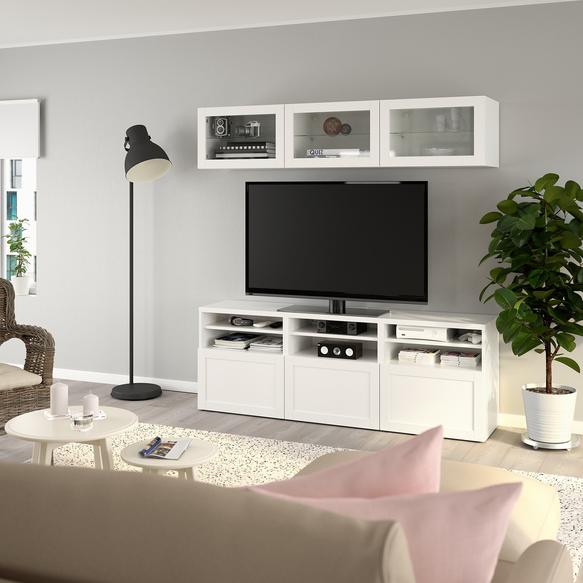 BESTÅ, σύνθεση αποθήκευσης TV/γυάλινες πόρτες/συρτάρια με μαλακό κλείσιμο, 180x42x192 cm, 094.103.71