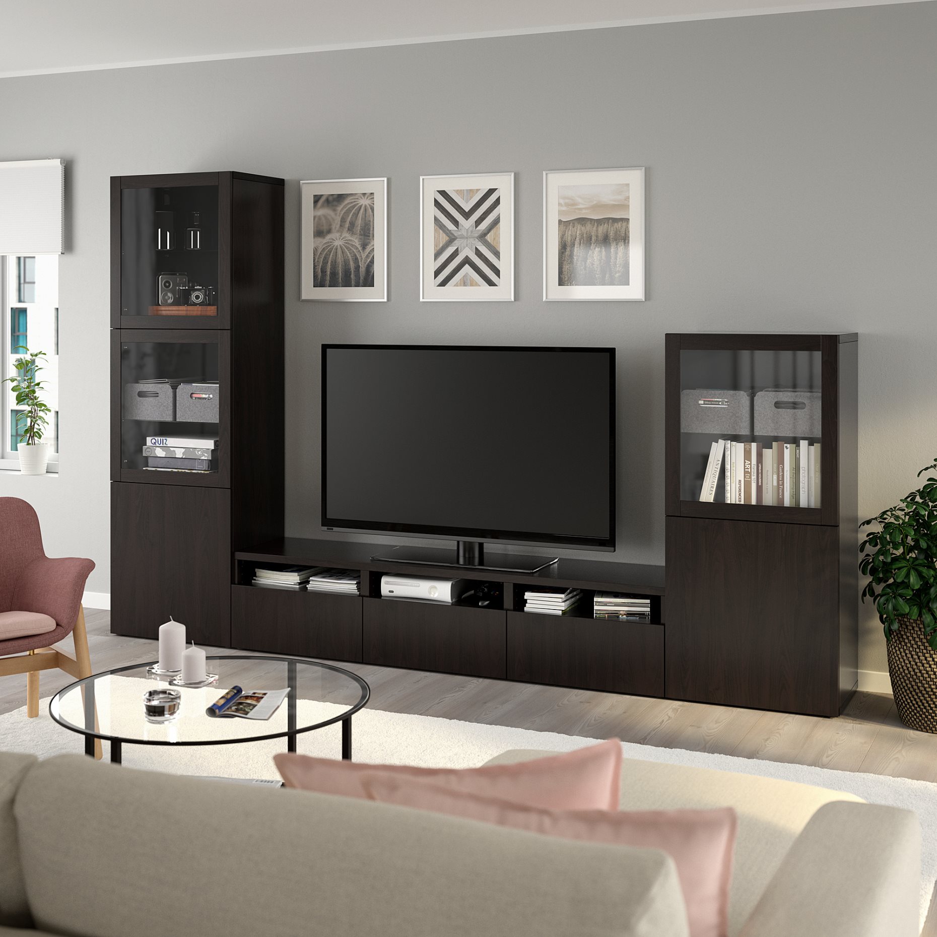 BESTÅ, TV storage combination/glass doors/drawers soft closing, 300x42x193 cm, 193.307.84