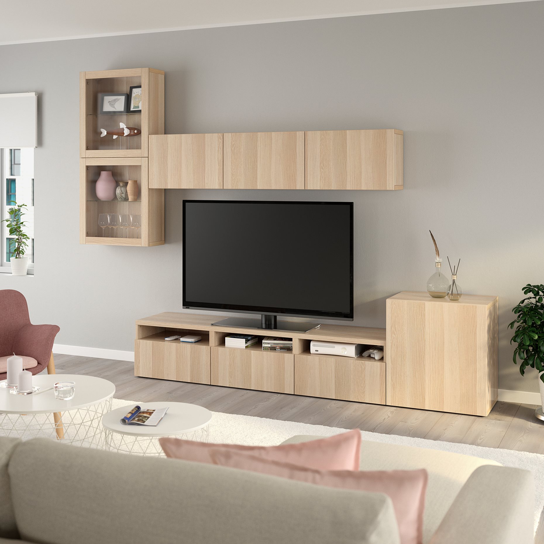 BESTÅ, TV storage combination/glass doors/drawers push open, 300x42x211 cm, 194.067.31