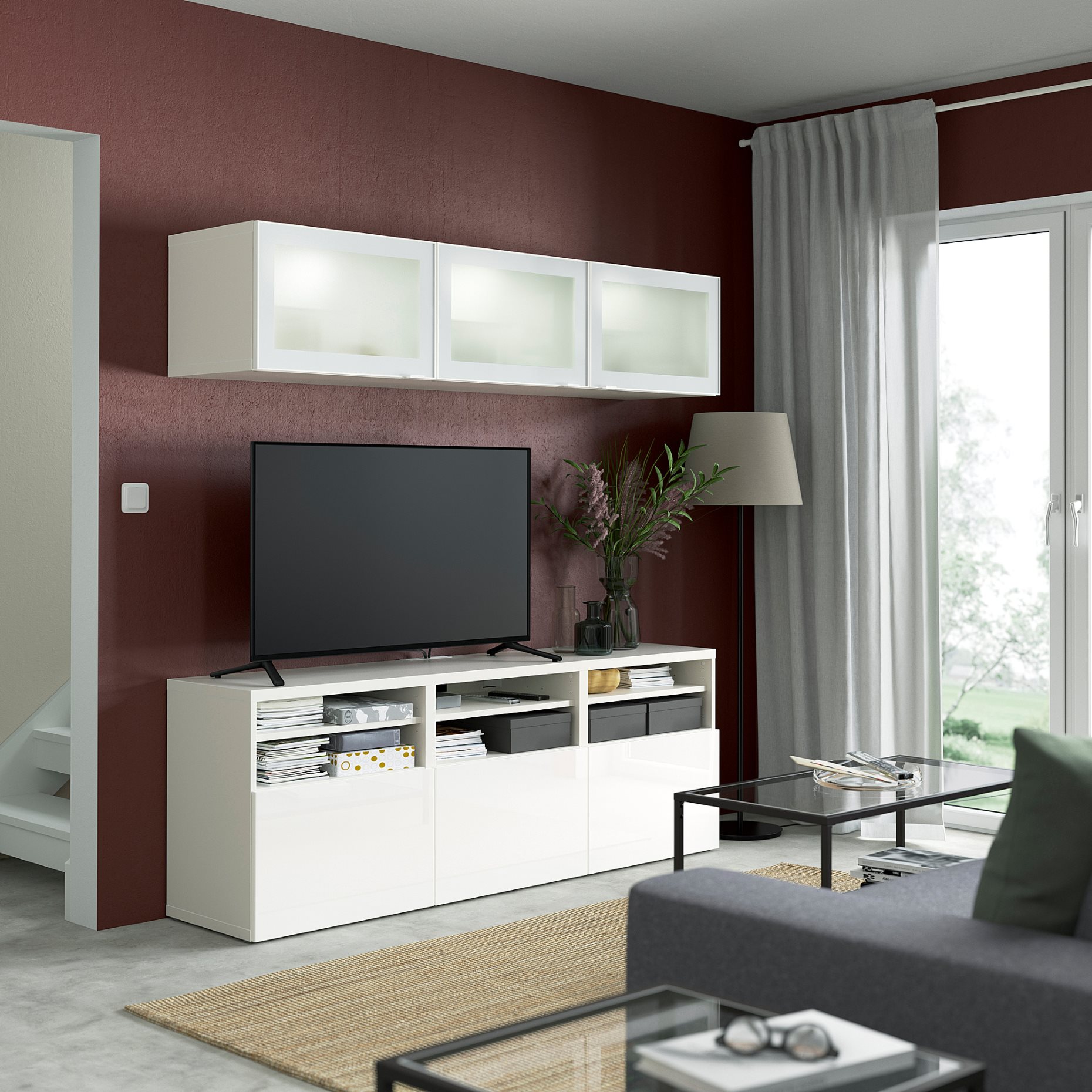 BESTÅ, TV storage combination/glass doors/drawers soft closing, 180x42x192 cm, 194.887.98