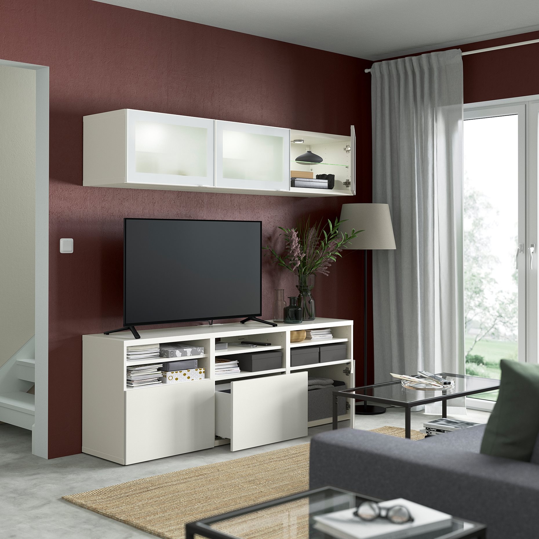 BESTÅ, TV storage combination/glass doors/drawers soft closing, 180x42x192 cm, 194.887.98