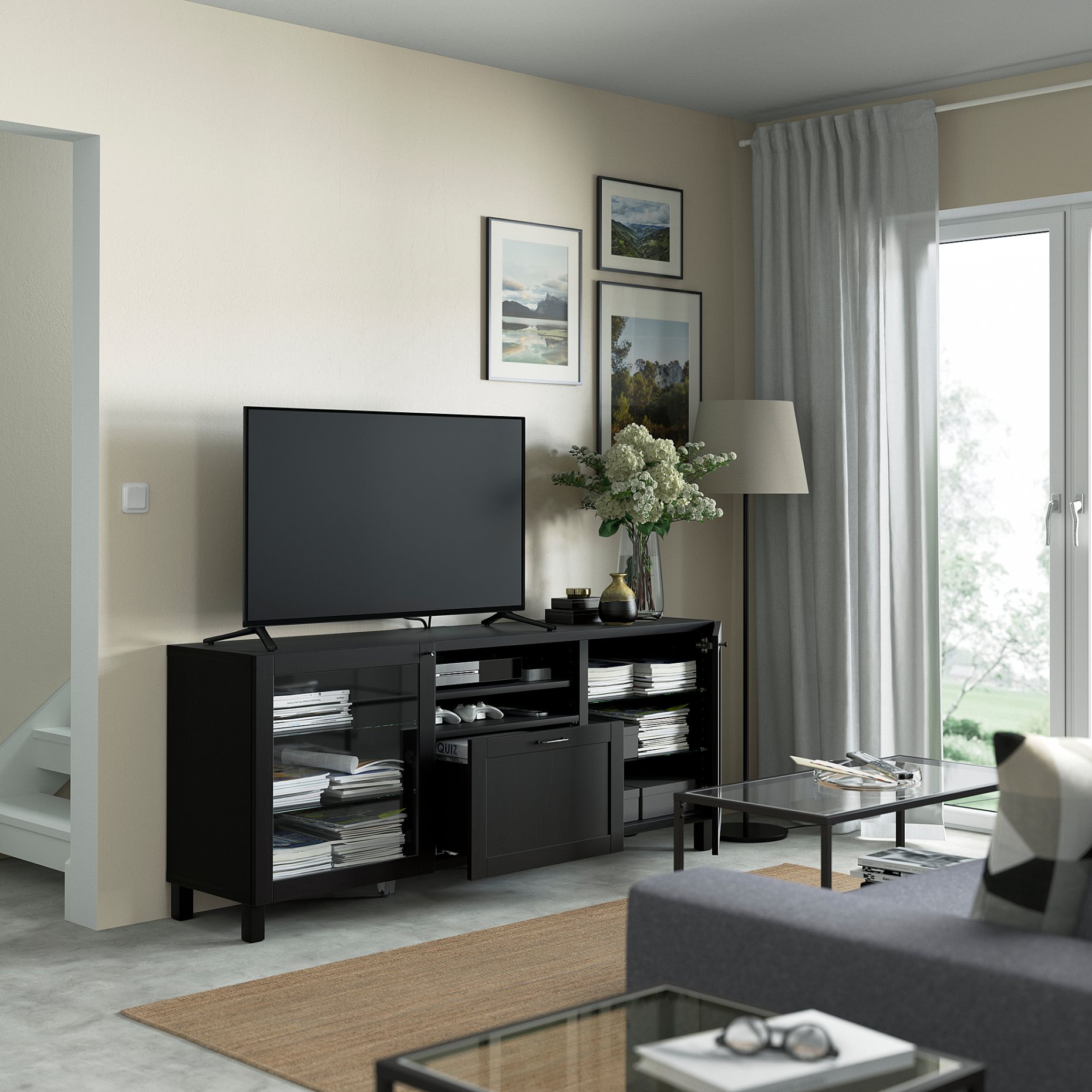 BESTÅ, TV bench with doors/drawer soft closing, 180x42x74 cm, 291.940.88