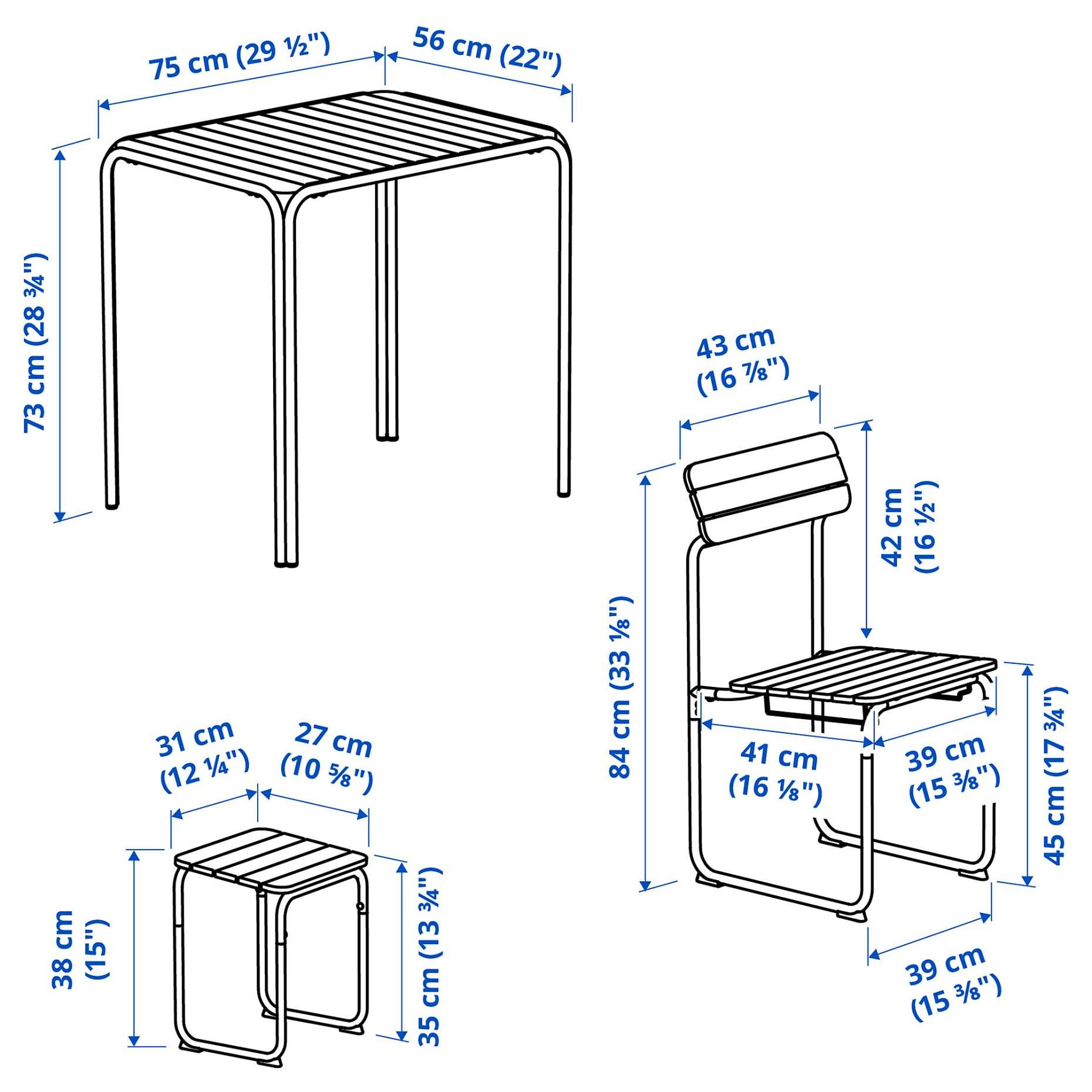 FURUON, dining table with 2 chairs/2 footstools/outdoor, 56x75 cm, 305.437.36