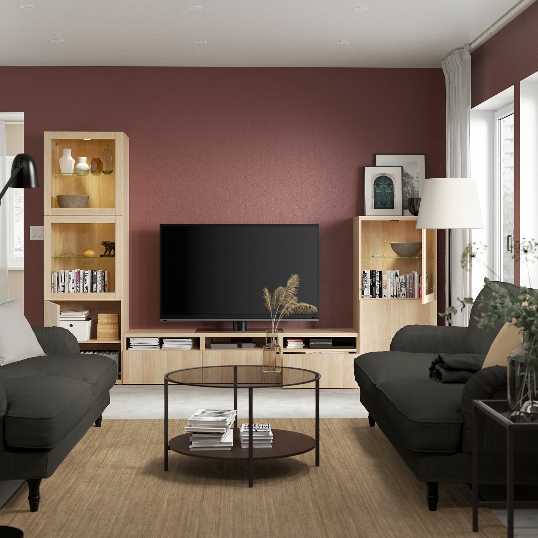 BESTÅ, σύνθεση αποθήκευσης TV/γυάλινες πόρτες/συρτάρια με μαλακό κλείσιμο, 300x42x193 cm, 393.308.01