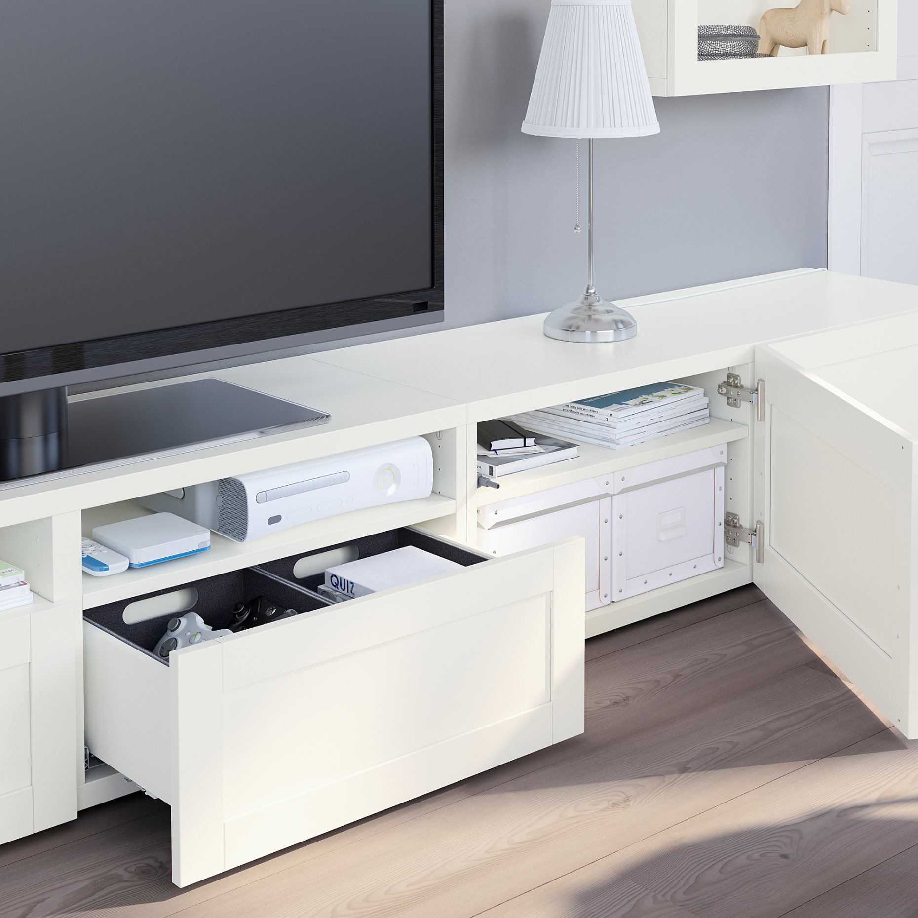 BESTÅ, TV storage combination/glass doors/drawers push open, 240x42x190 cm, 494.113.02