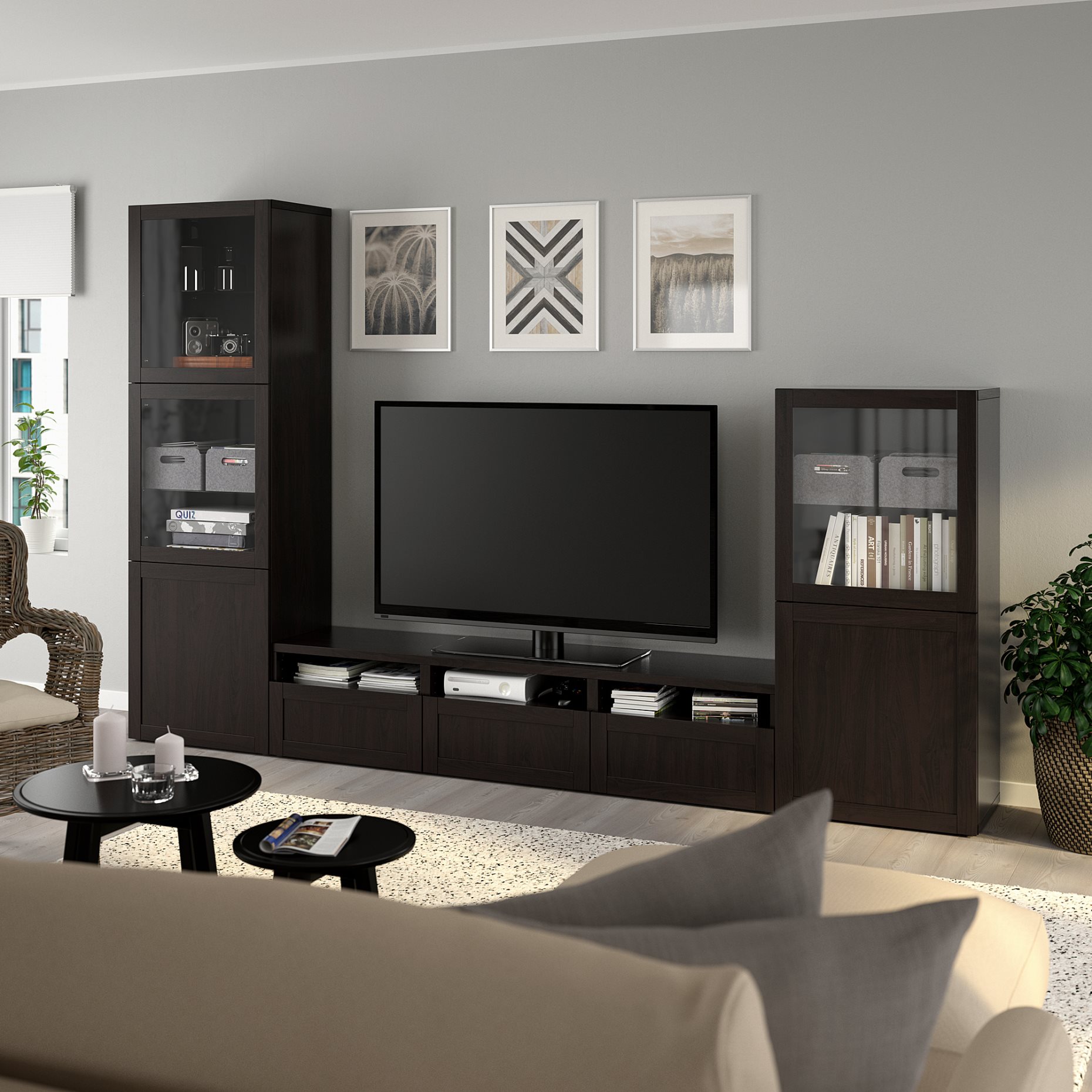 BESTÅ, TV storage combination/glass doors/drawers soft closing, 300x42x193 cm, 593.307.82