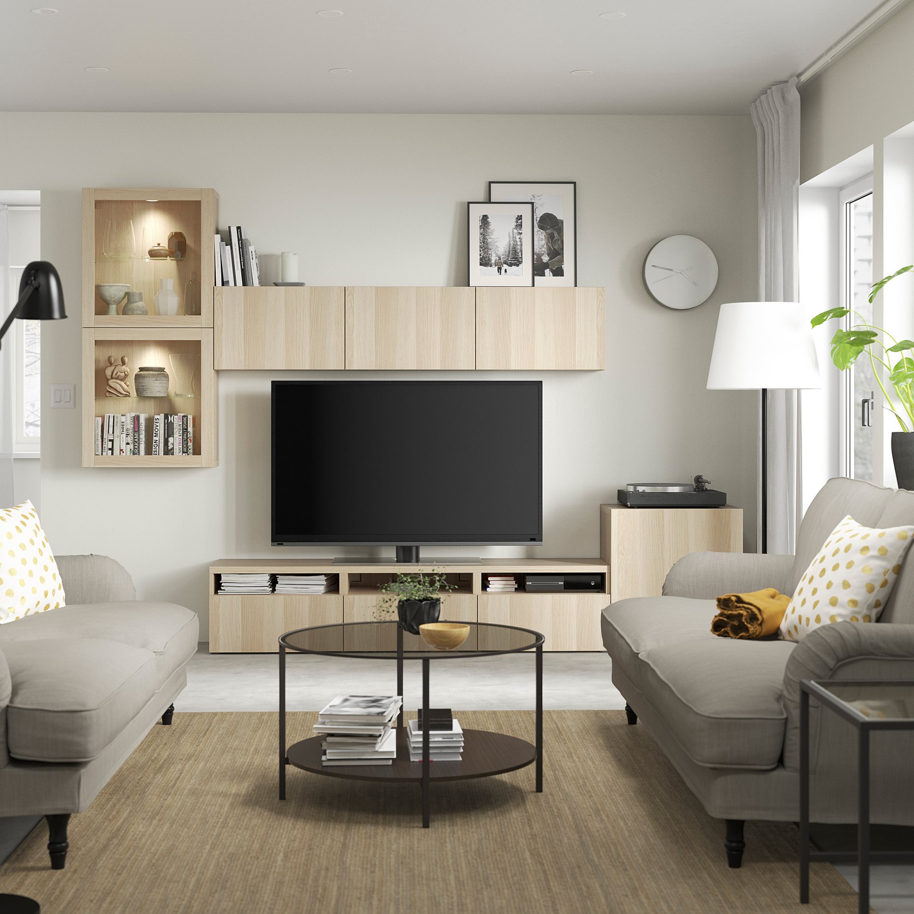 BESTÅ, TV storage combination/glass doors/drawers soft closing, 300x42x211 cm, 594.068.33