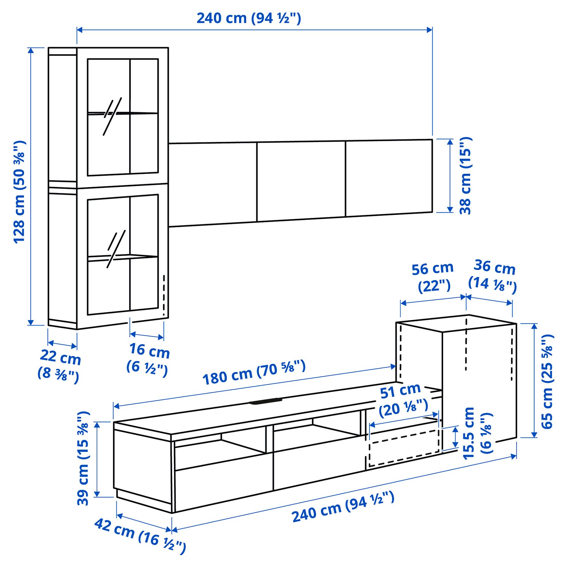 BESTÅ, TV storage combination/glass doors/drawers soft closing, 300x42x211 cm, 594.068.52