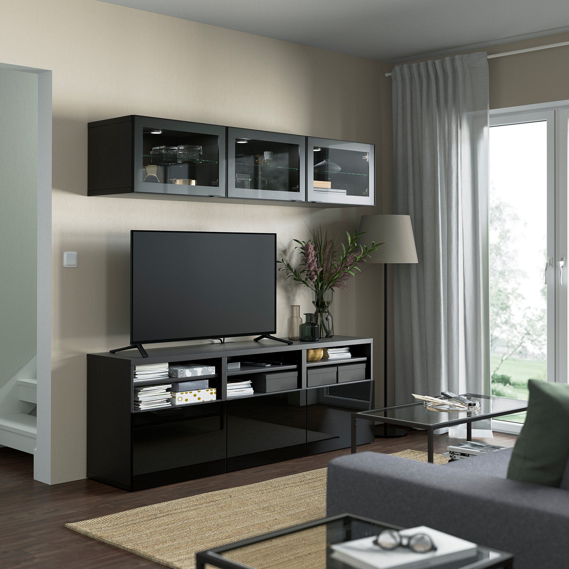 BESTÅ, TV storage combination/glass doors/drawers soft closing, 180x42x192 cm, 794.072.14