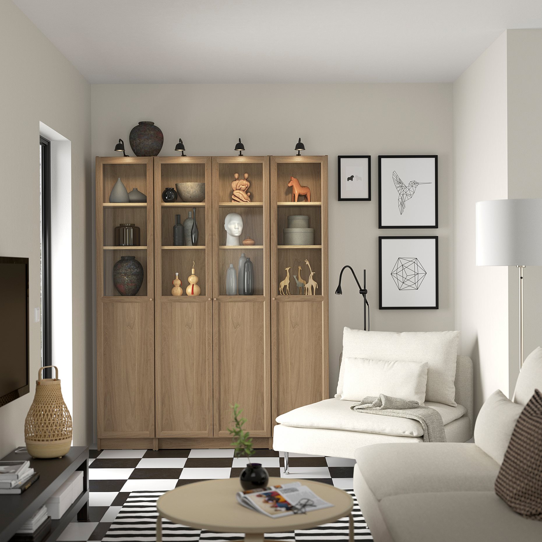 BILLY/OXBERG, bookcase combination with panel/glass doors, 160x202 cm, 794.835.47