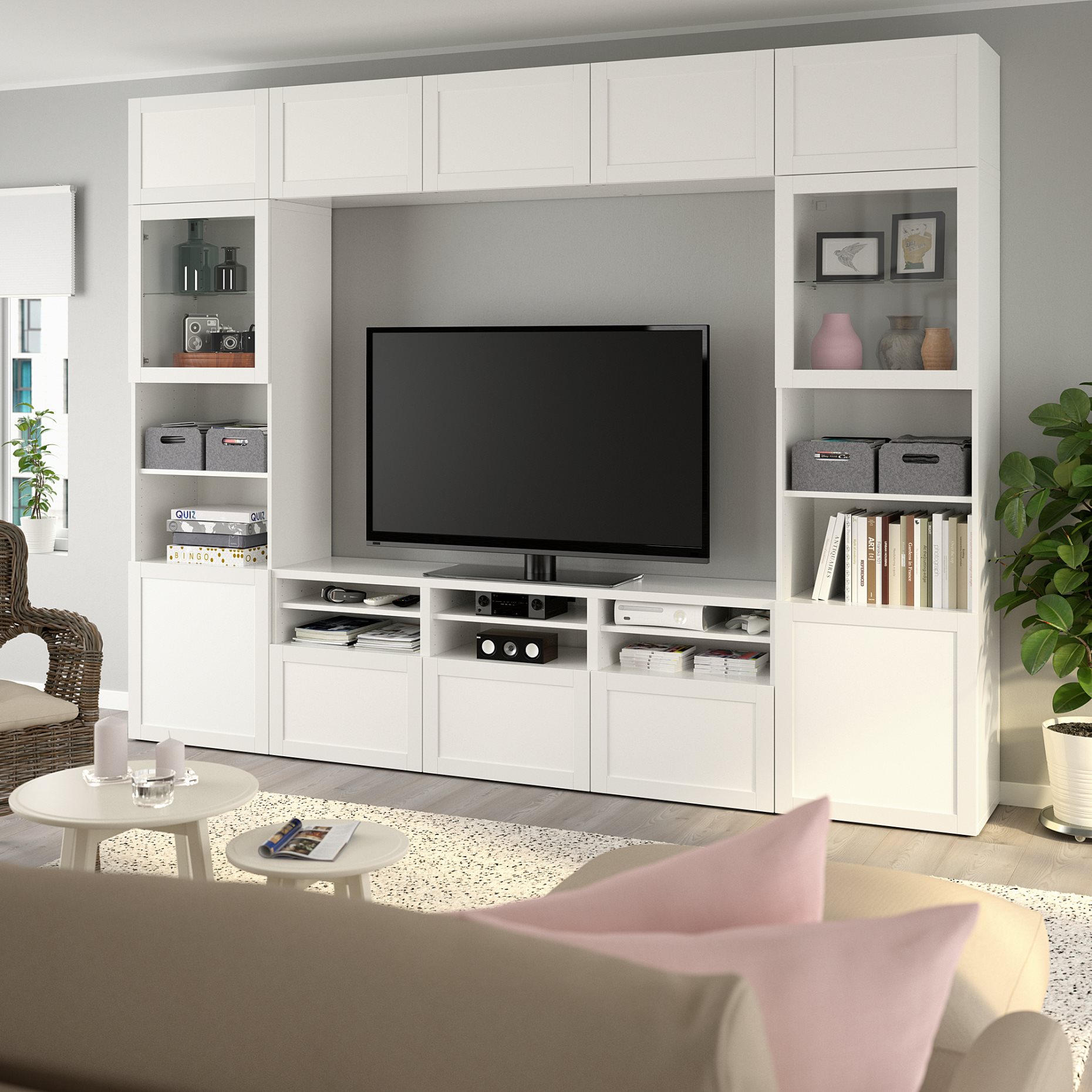 BESTÅ, σύνθεση αποθήκευσης TV/γυάλινες πόρτες/συρτάρια ανοίγματος με πίεση, 300x42x231 cm, 894.112.39