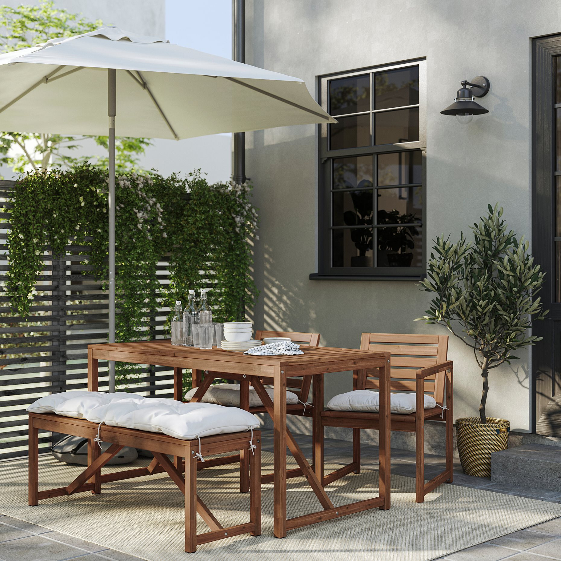 NÄMMARÖ, table with 2 chairs and bench/outdoor, 140x75 cm, 895.752.35