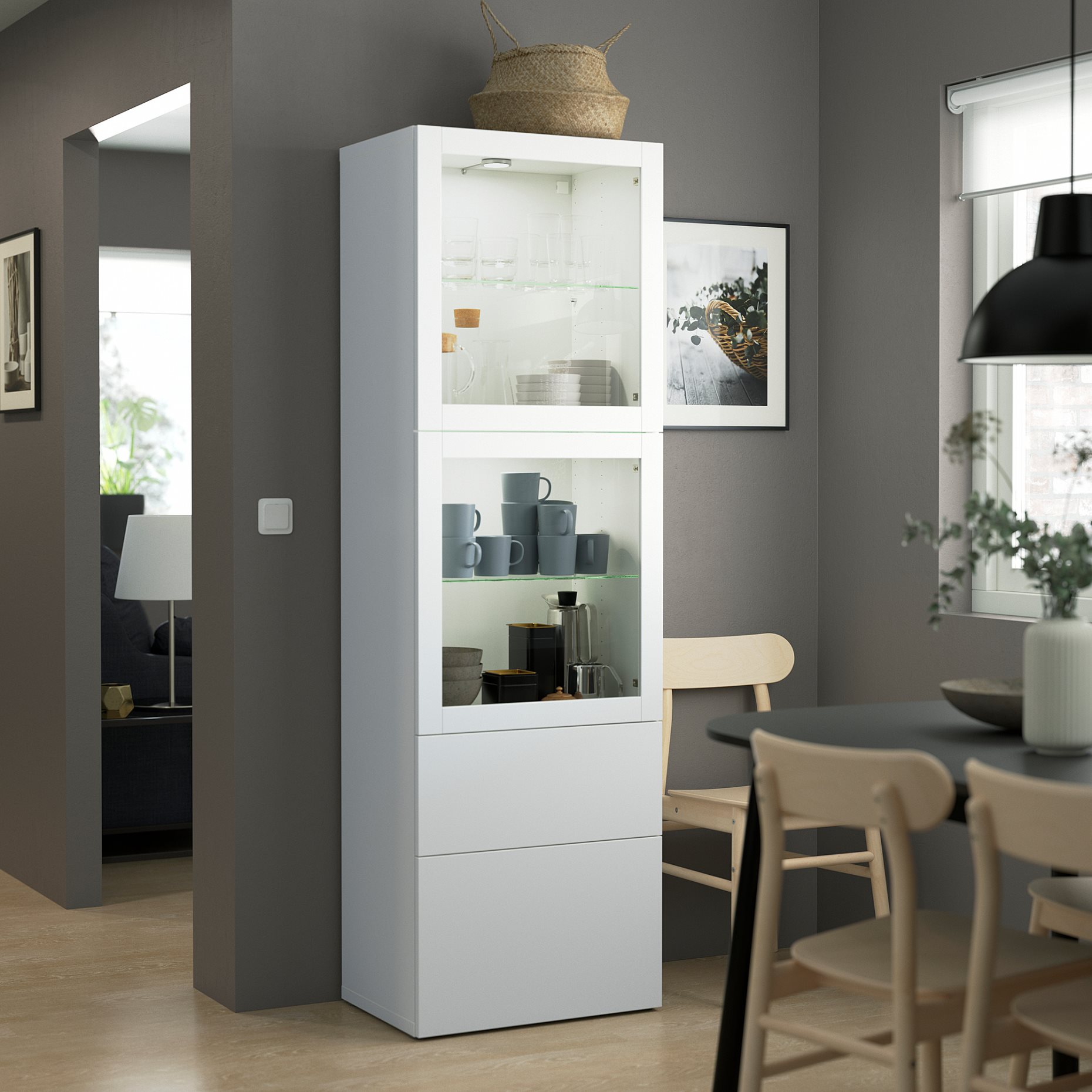 BESTÅ, storage combination with glass doors/drawers soft closing, 60x42x193 cm, 993.008.58