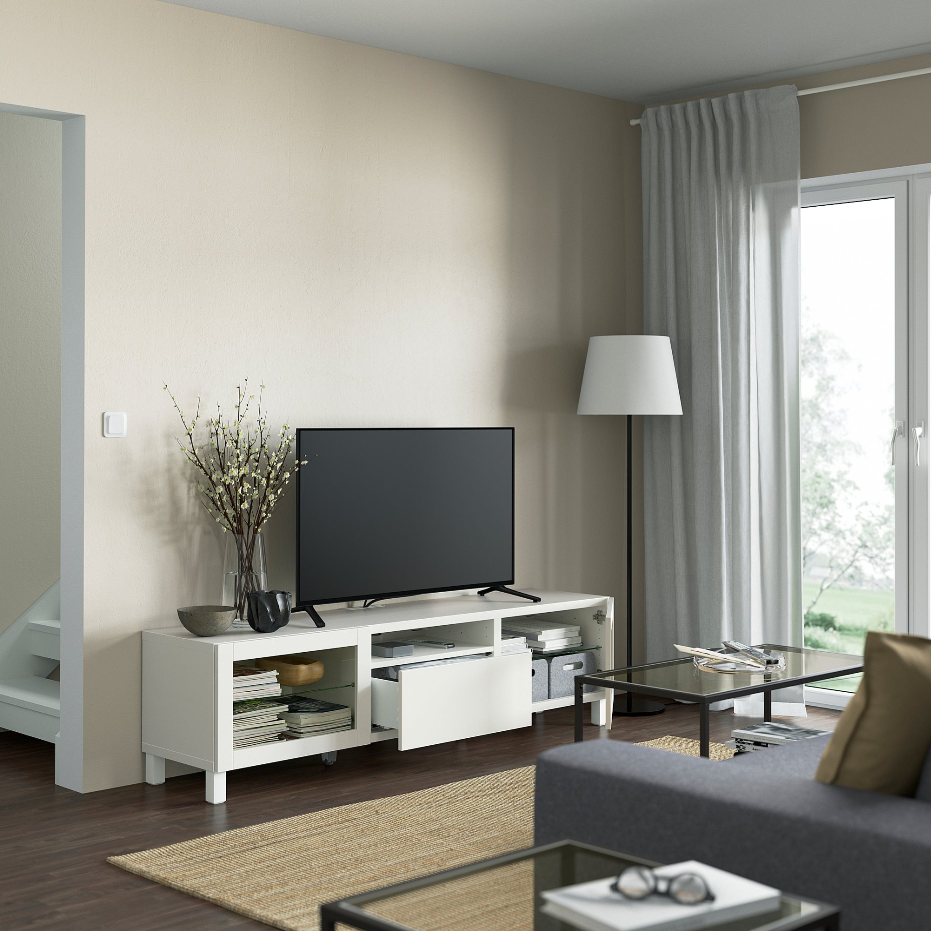 BESTÅ, TV bench with doors/drawer soft closing, 180x42x48 cm, 993.291.97