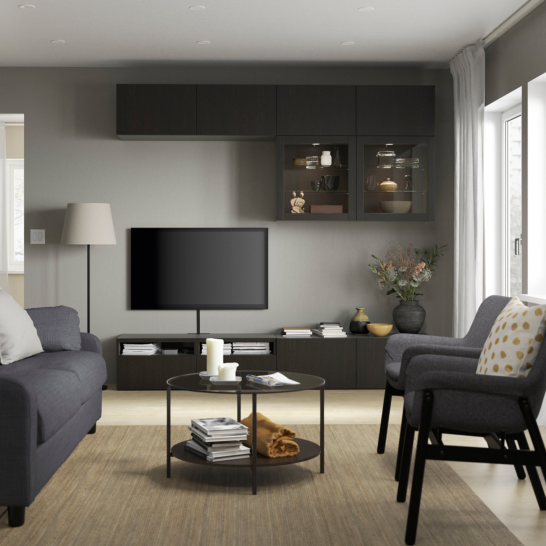BESTÅ, TV storage combination/glass doors/drawers soft closing, 240x42x231 cm, 994.121.58